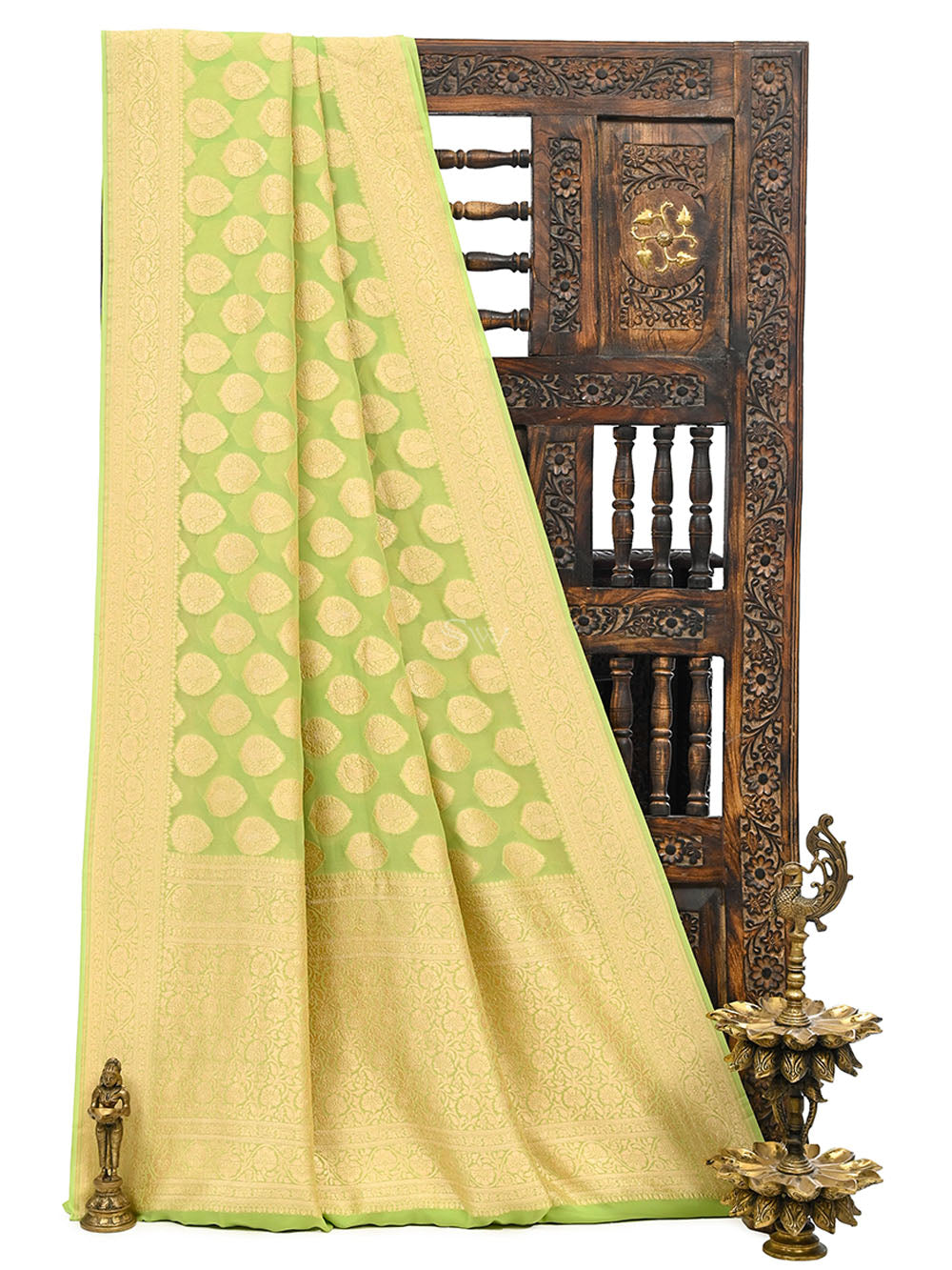 Pista Green Boota Khaddi Georgette Handloom Banarasi Saree - Sacred Weaves