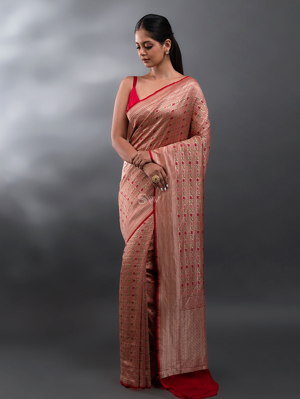 Red Meenakari Stripe Khaddi Georgette Handloom Banarasi Saree - Sacred Weaves