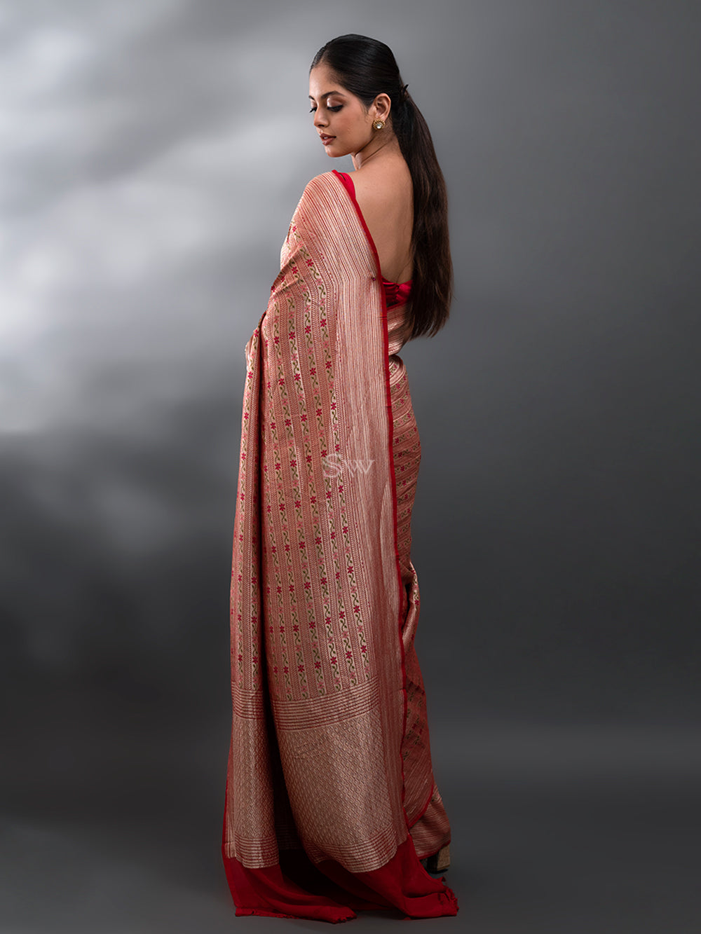 Red Meenakari Stripe Khaddi Georgette Handloom Banarasi Saree - Sacred Weaves