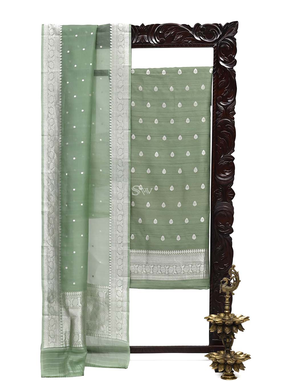 Pista Green Tussar Silk Handloom Banarasi Suit - Sacred Weaves