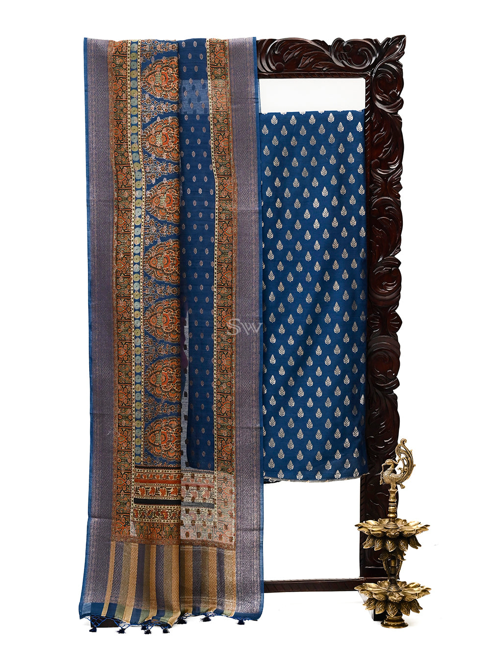 Midnight Blue Moonga Tussar Silk Handloom Banarasi Suit - Sacred Weaves