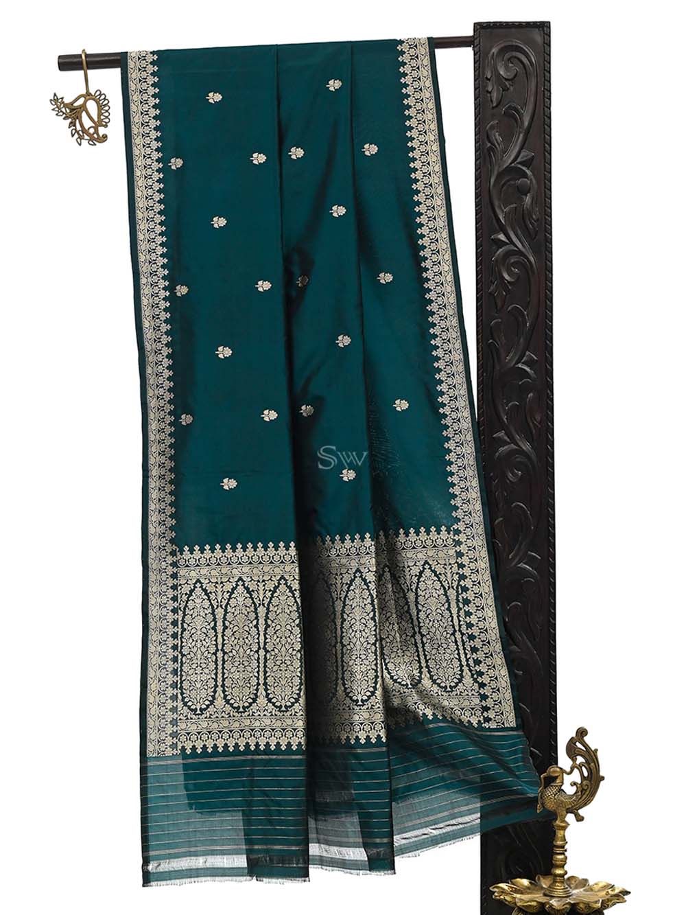 Deep Teal Booti Katan Silk Handloom Banarasi Dupatta