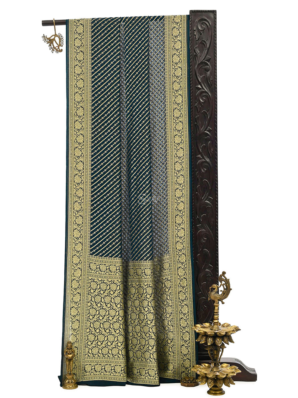 Midnight Blue Stripe Khaddi Georgette Handloom Banarasi Saree