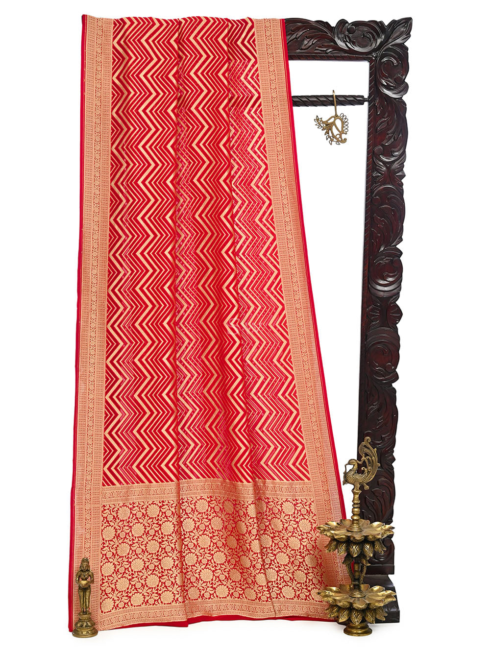 Red Stripe Khaddi Georgette Handloom Banarasi Saree