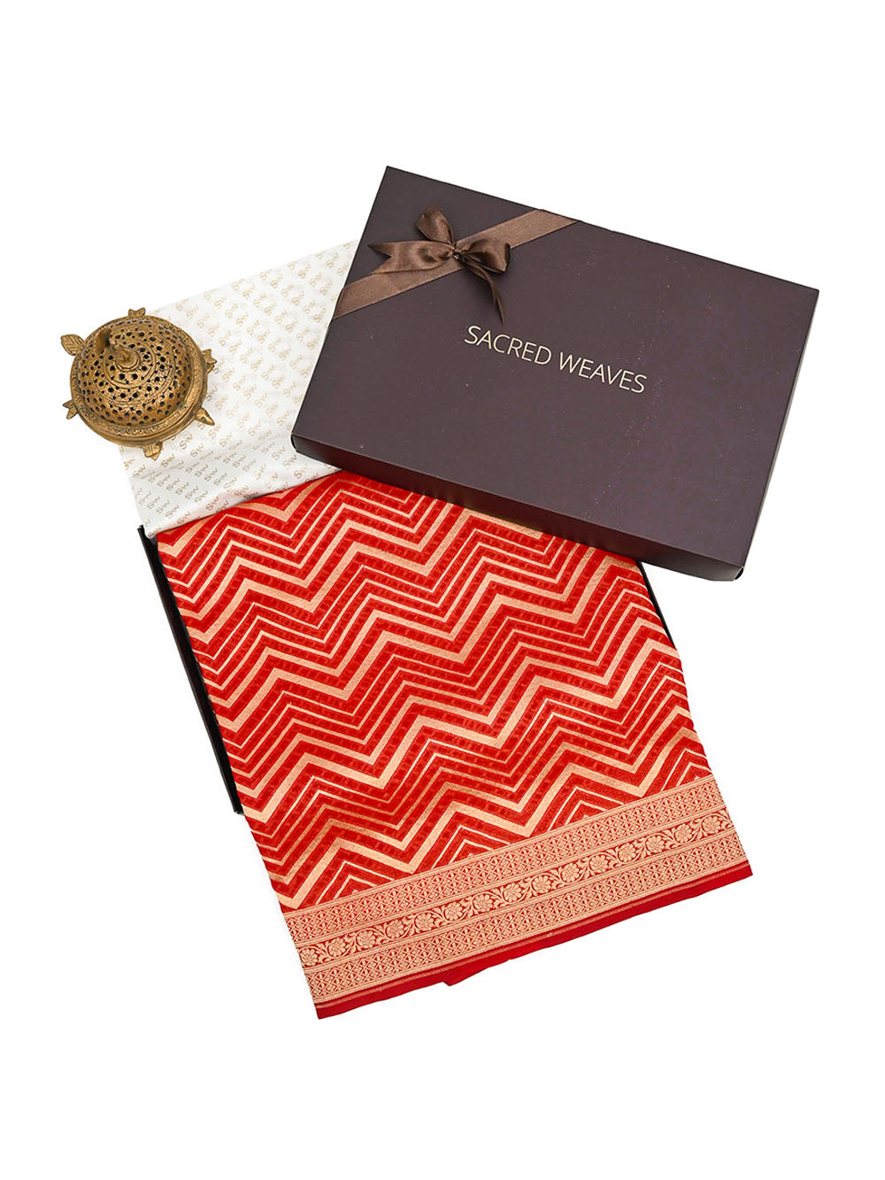 Red Stripe Khaddi Georgette Handloom Banarasi Saree - Gift Box