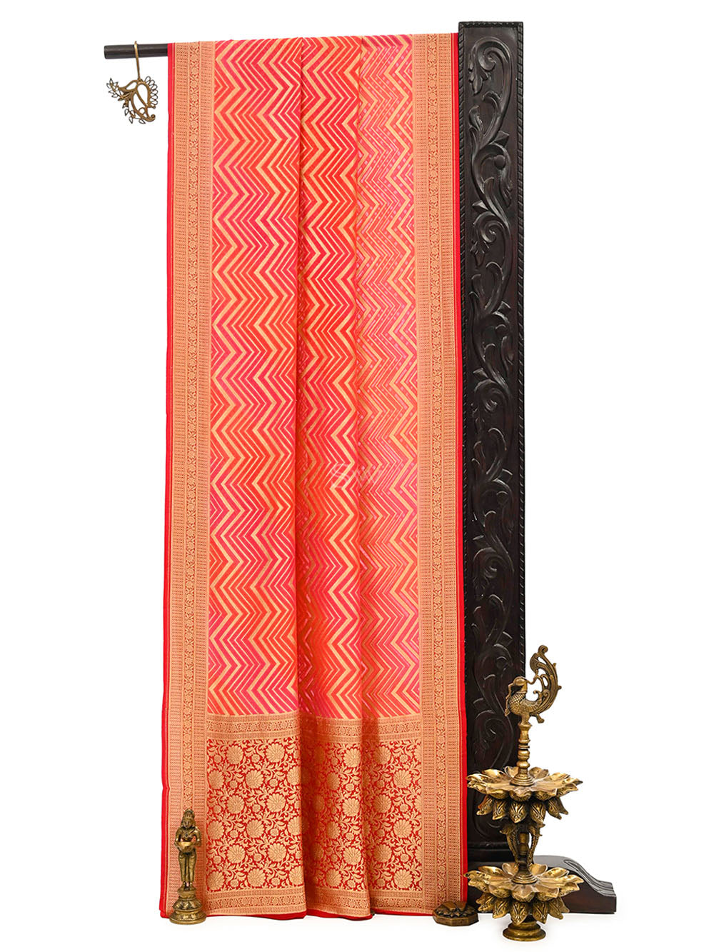 Pink Orange Stripe Khaddi Georgette Handloom Banarasi Saree