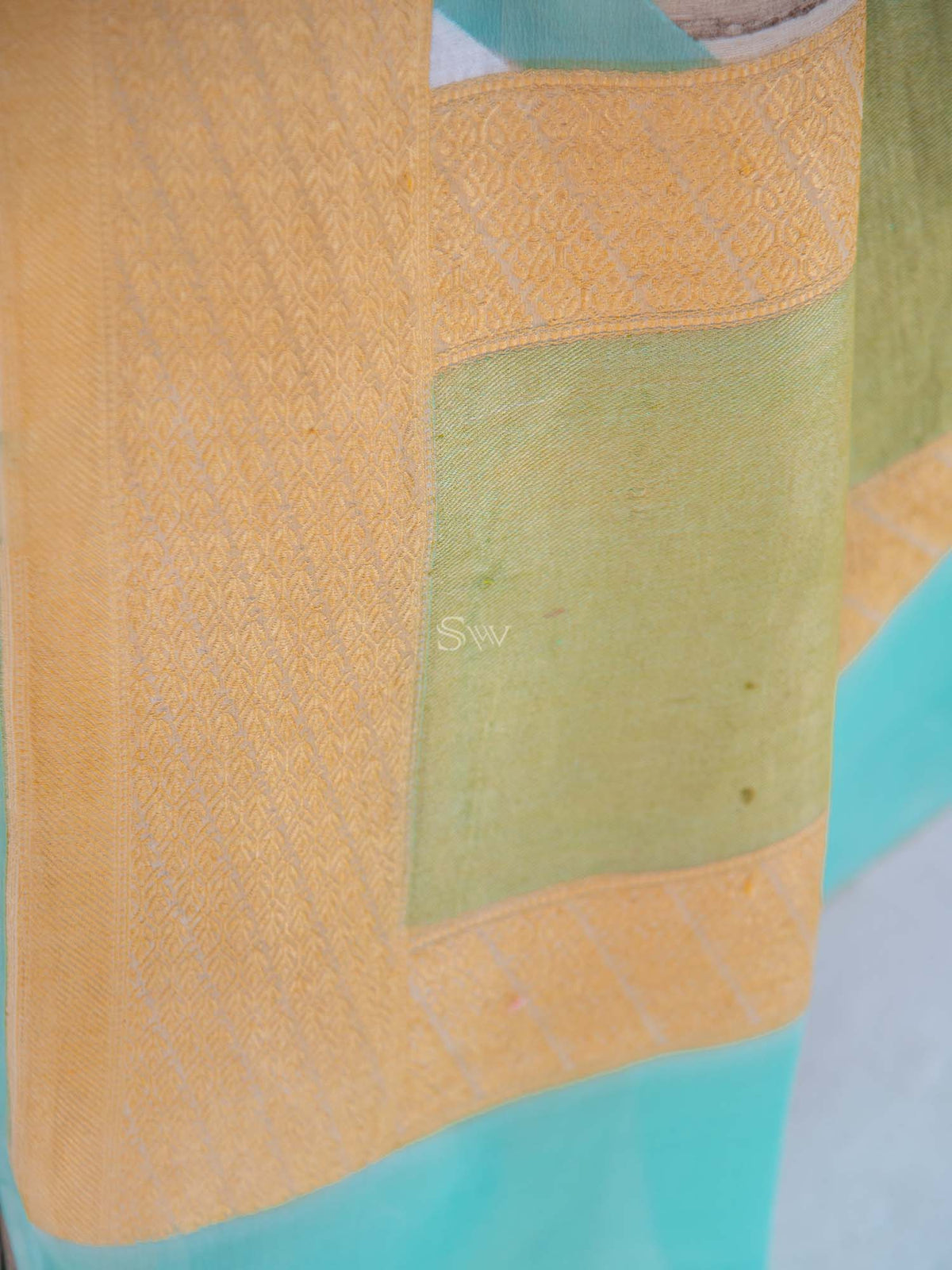 Pastel Green Grey Rangkat Tussar Georgette Handloom Banarasi Saree - Sacred Weaves
