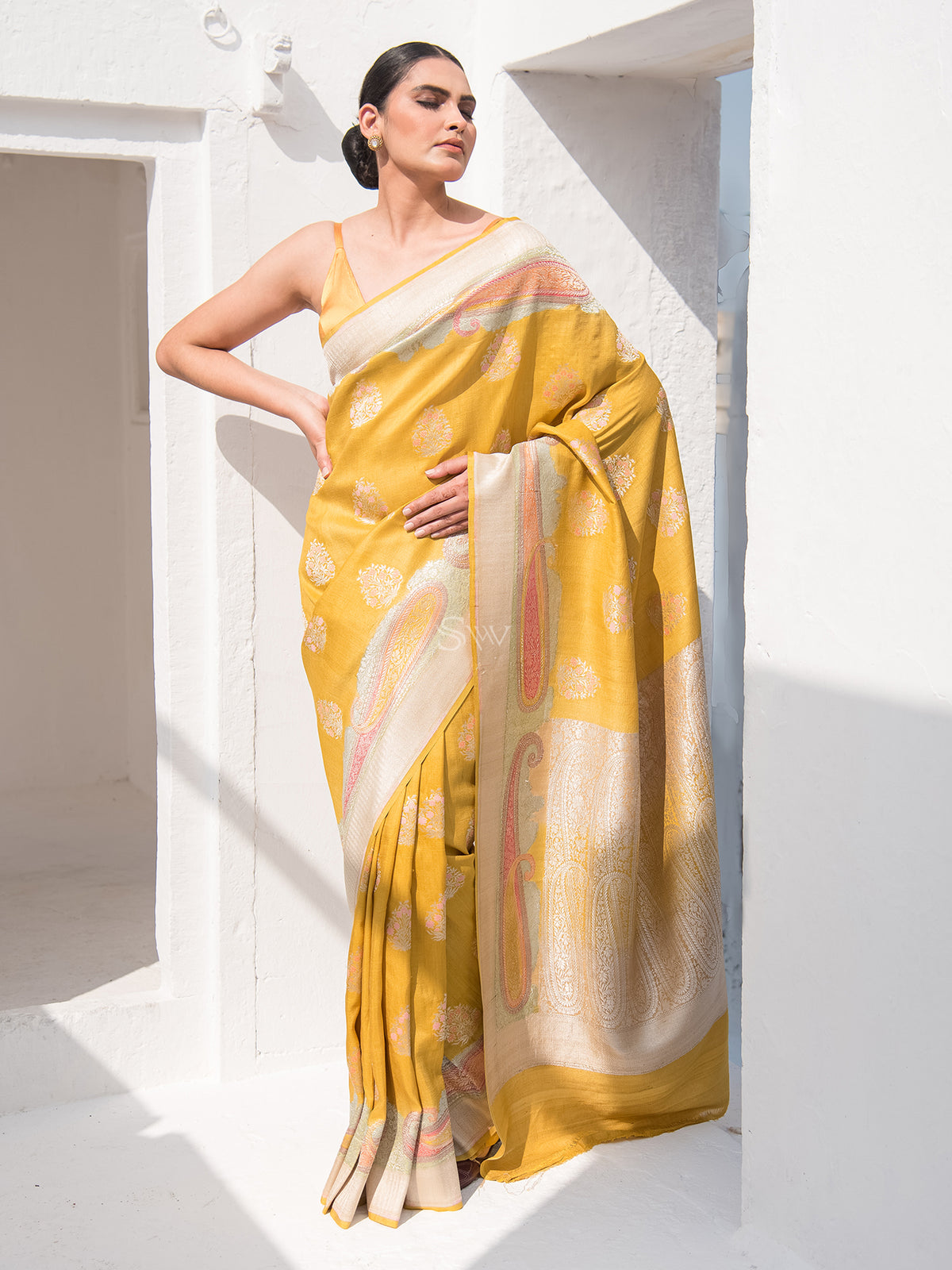Mustard Meenakari Booti Tussar Silk Handloom Banarasi Saree - Sacred Weaves