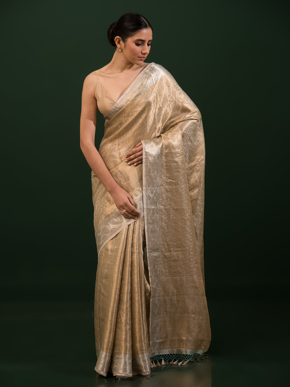 Beige Tissue Brocade Handloom Banarasi Saree - Sacred Weaves
