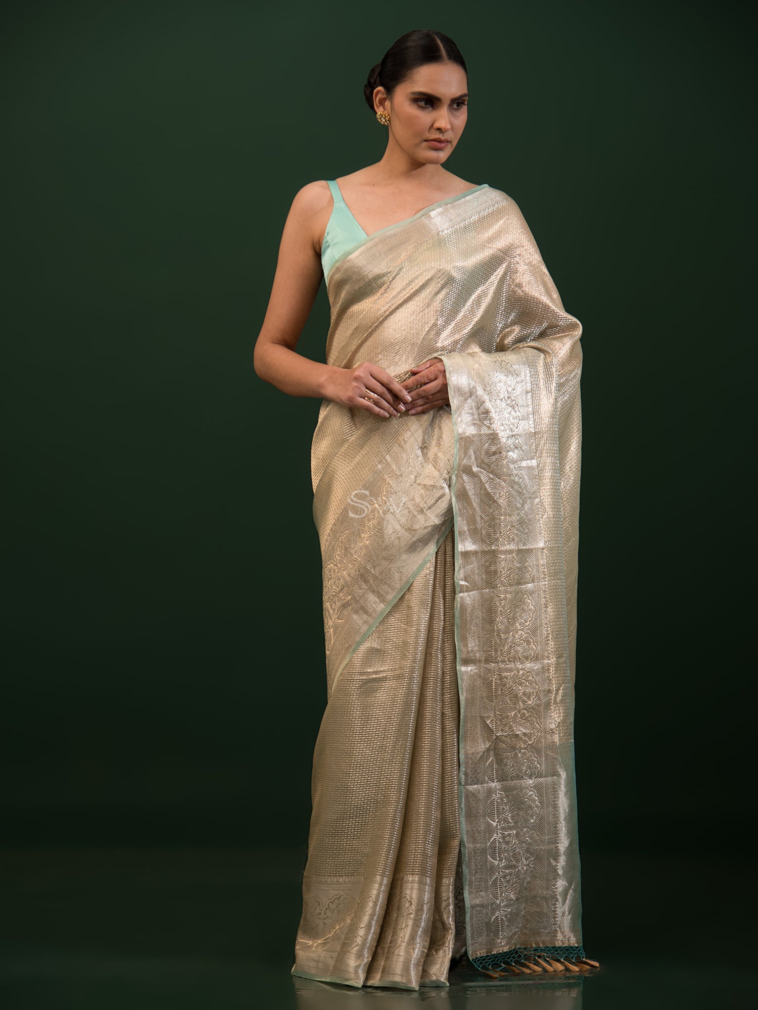 Sea Green Tissue Brocade Handloom Banarasi Saree - Sacred Weaves