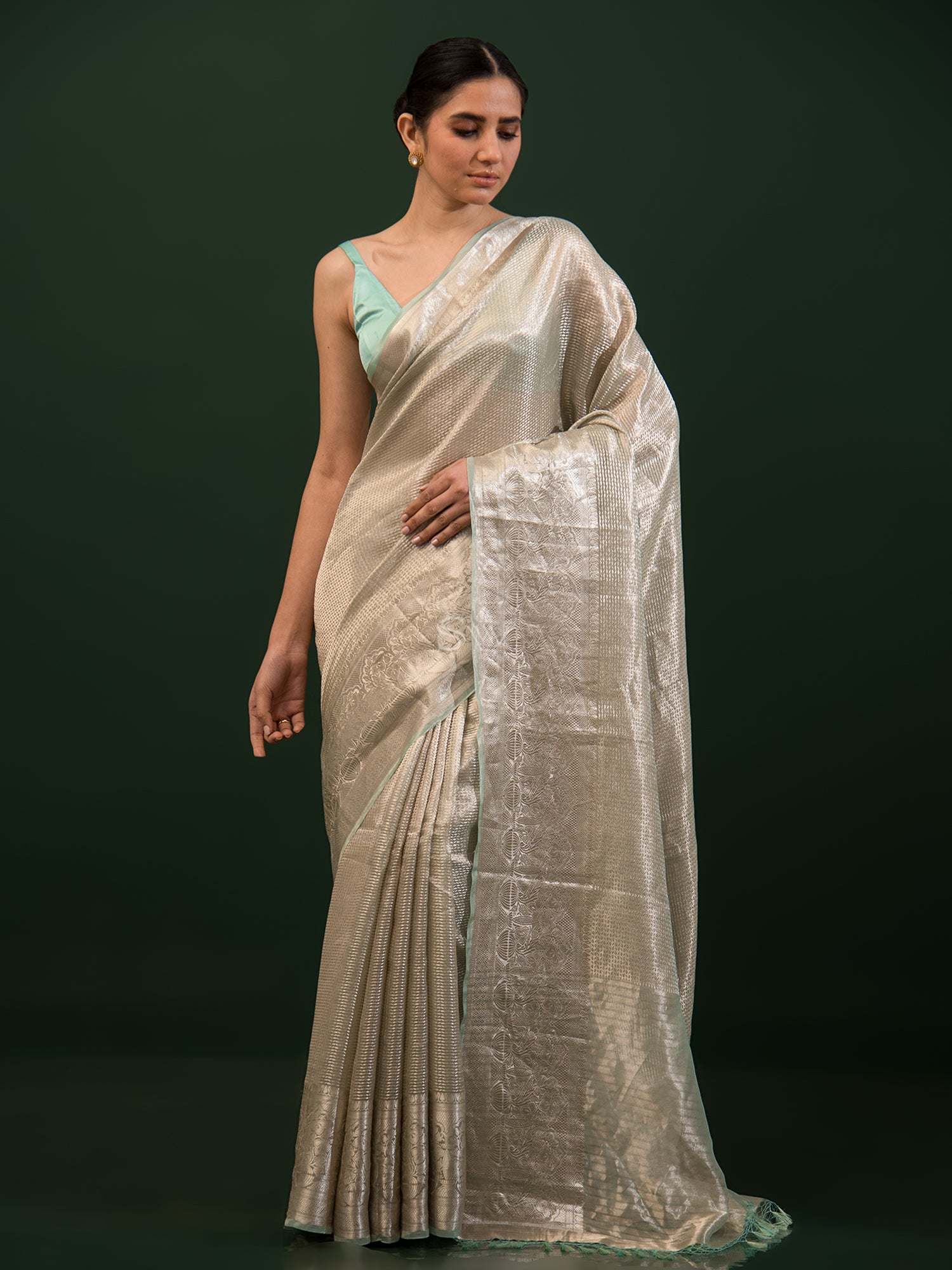 Aqua Green Tissue BrocadeHandloom Banarasi Saree - Sacred Weaves