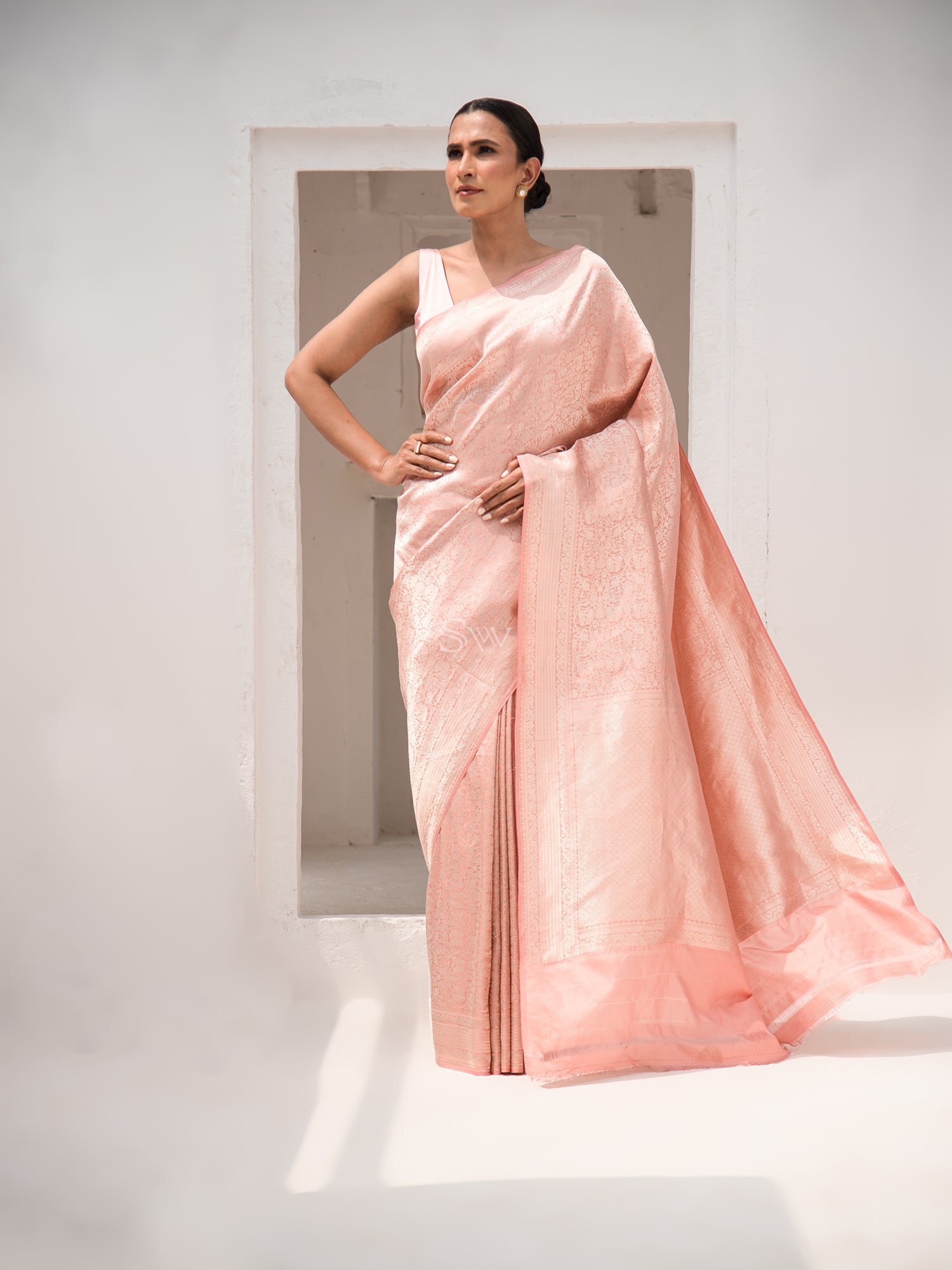 Pastel Pink Shikargah Brocade Handloom Banarasi Saree - Sacred Weaves
