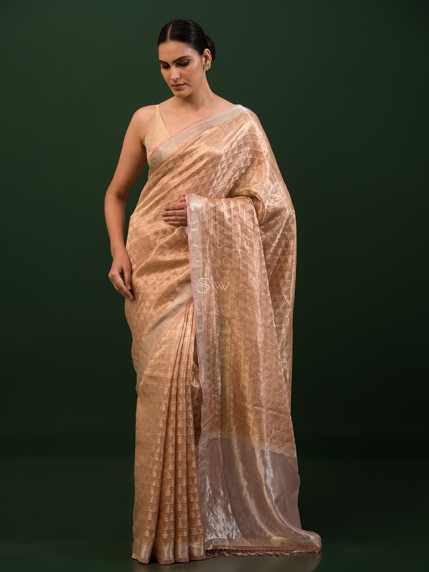 Pastel Pink Tissue Brocade Handloom Banarasi Saree - Sacred Weaves 