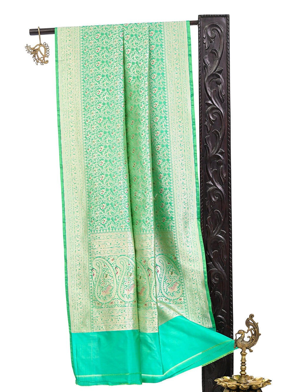 Sea Green Shikargah Brocade Katan Silk Handloom Banarasi Dupatta - Sacred Weaves