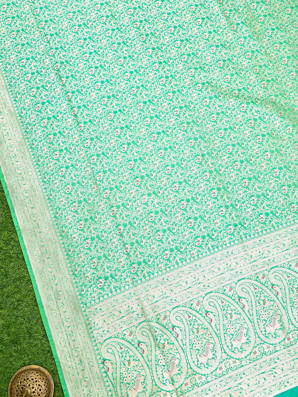 Sea Green Shikargah Brocade Katan Silk Handloom Banarasi Dupatta - Sacred Weaves