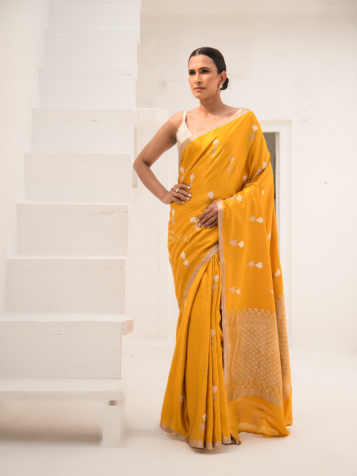 Mustard Mashru Satin Silk Handloom Banarasi Saree - Sacred Weaves