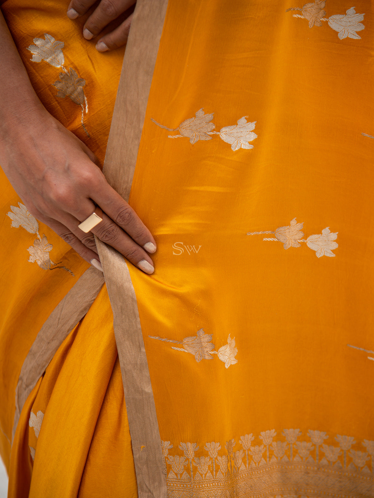 Mustard Mashru Satin Silk Handloom Banarasi Saree - Sacred Weaves