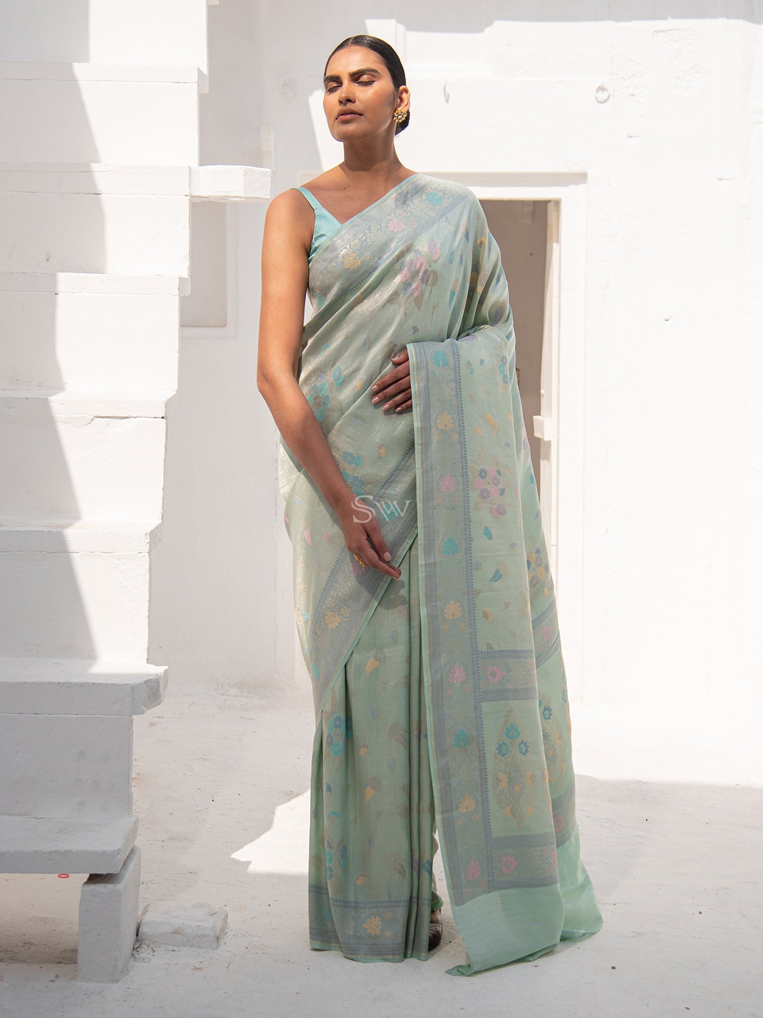 Mint Green Flowy Tissue Silk Handloom Banarasi Saree - Sacred Weaves