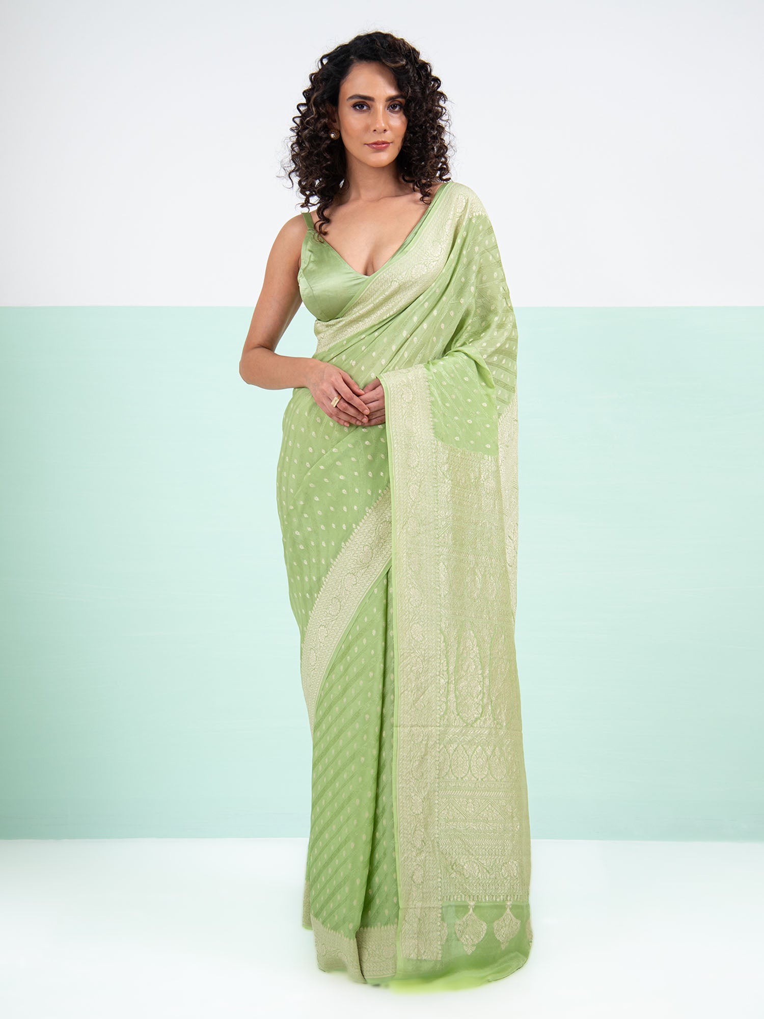 Pista Green Crepe Silk Handloom Banarasi Saree - Sacred Weaves