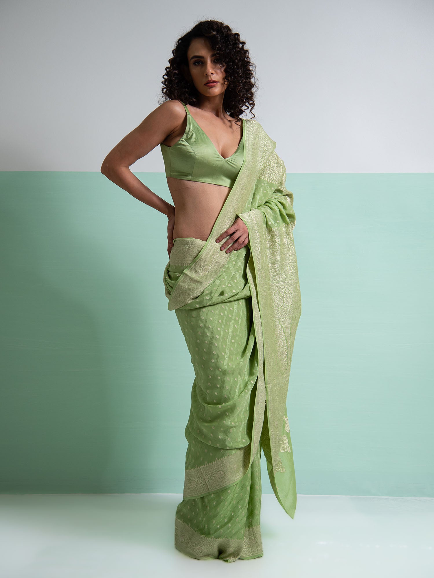 Pista Green Crepe Silk Handloom Banarasi Saree - Sacred Weaves