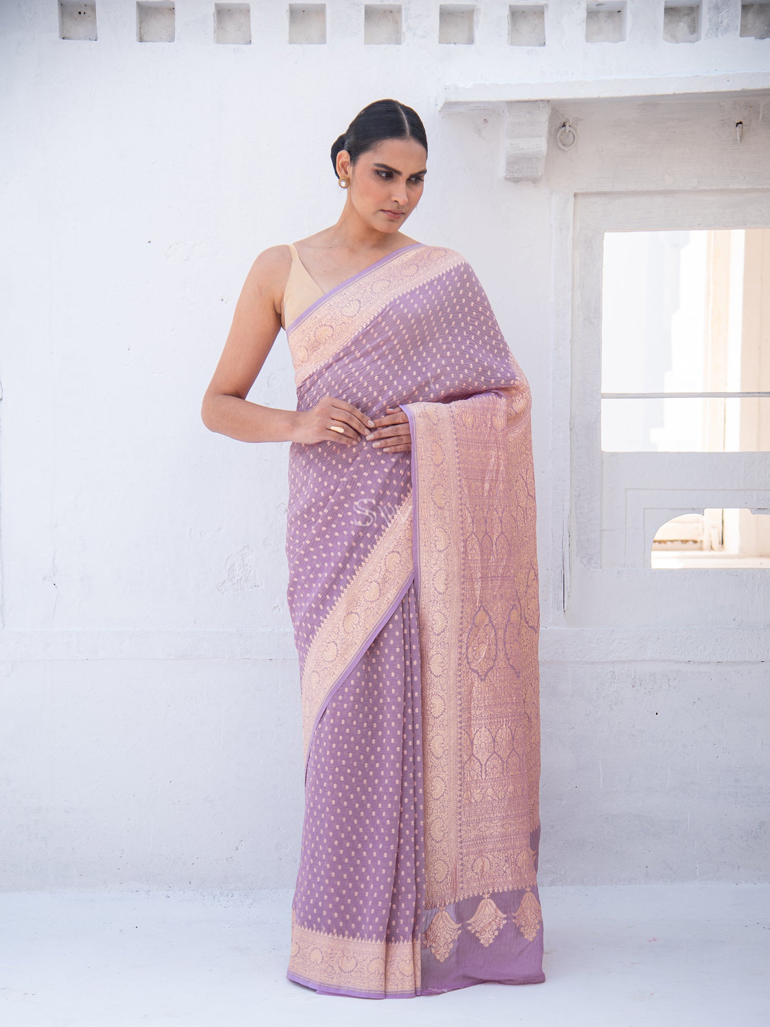 Pastel Purple Pure Crush Tissue Silk Handloom Banarasi Saree - Sacred Weaves