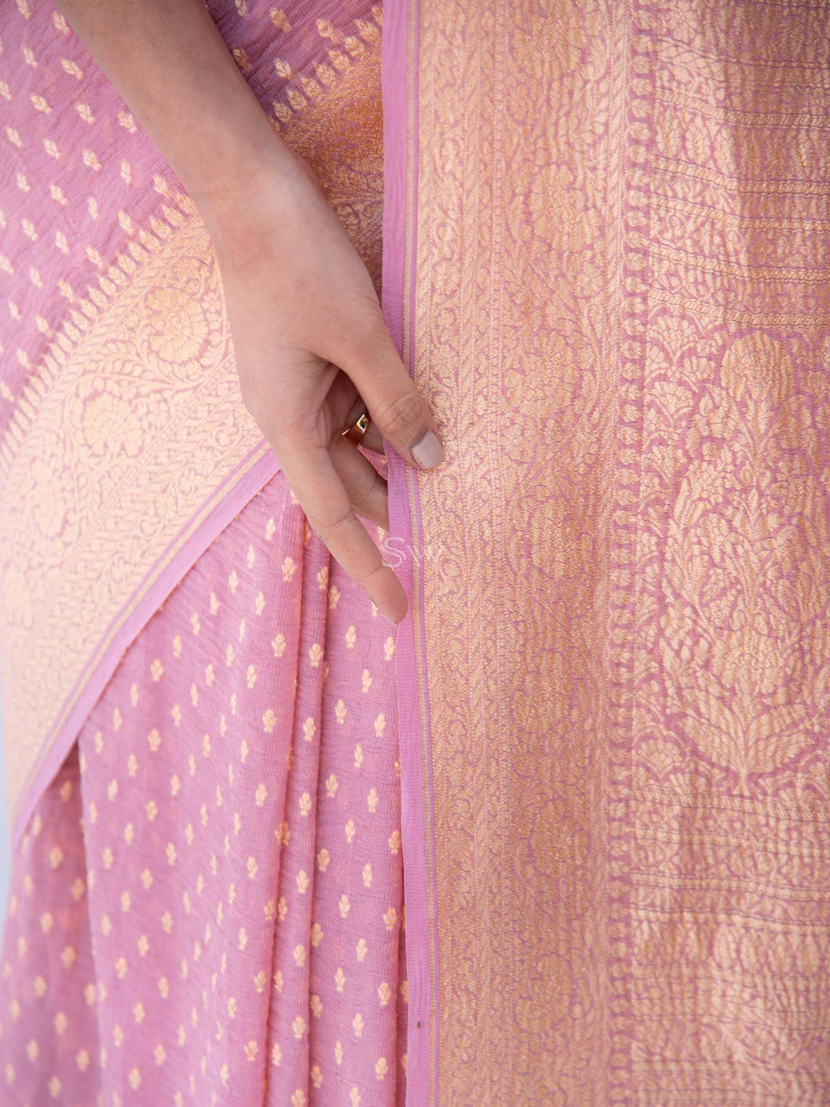 Pastel Pink Pure Crush Tissue Silk Handloom Banarasi Saree - Sacred Weaves