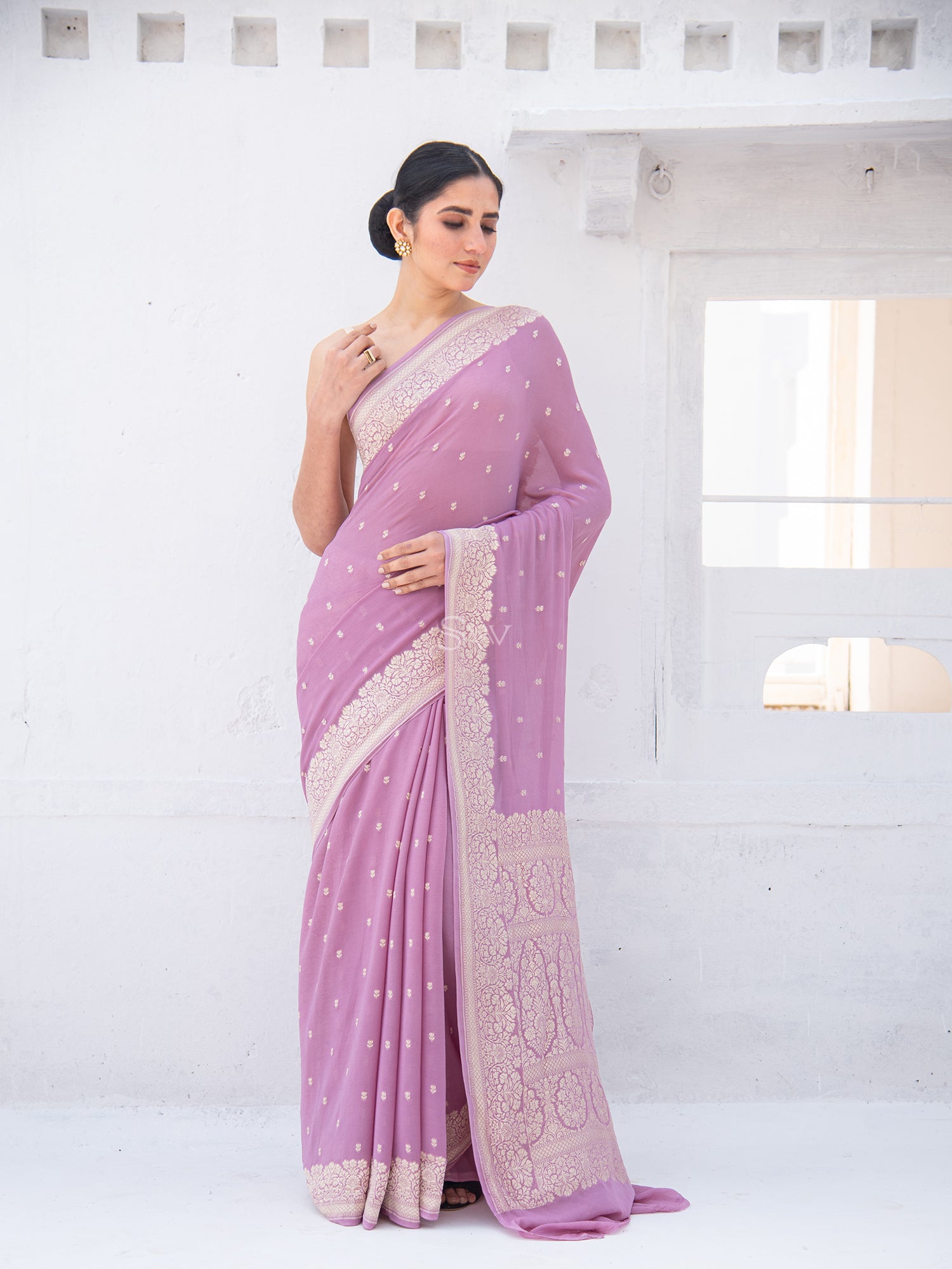 Pastel Purple Khaddi Georgette Handloom Banarasi Saree - Sacred Weaves