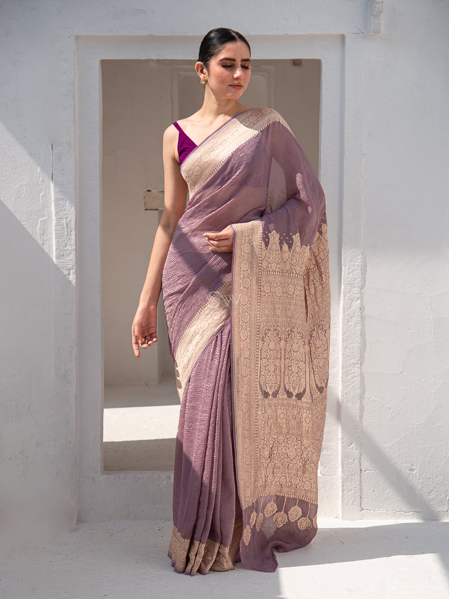 Mauve Crush Khaddi Georgette Silk Handloom Banarasi Saree - Sacred Weaves