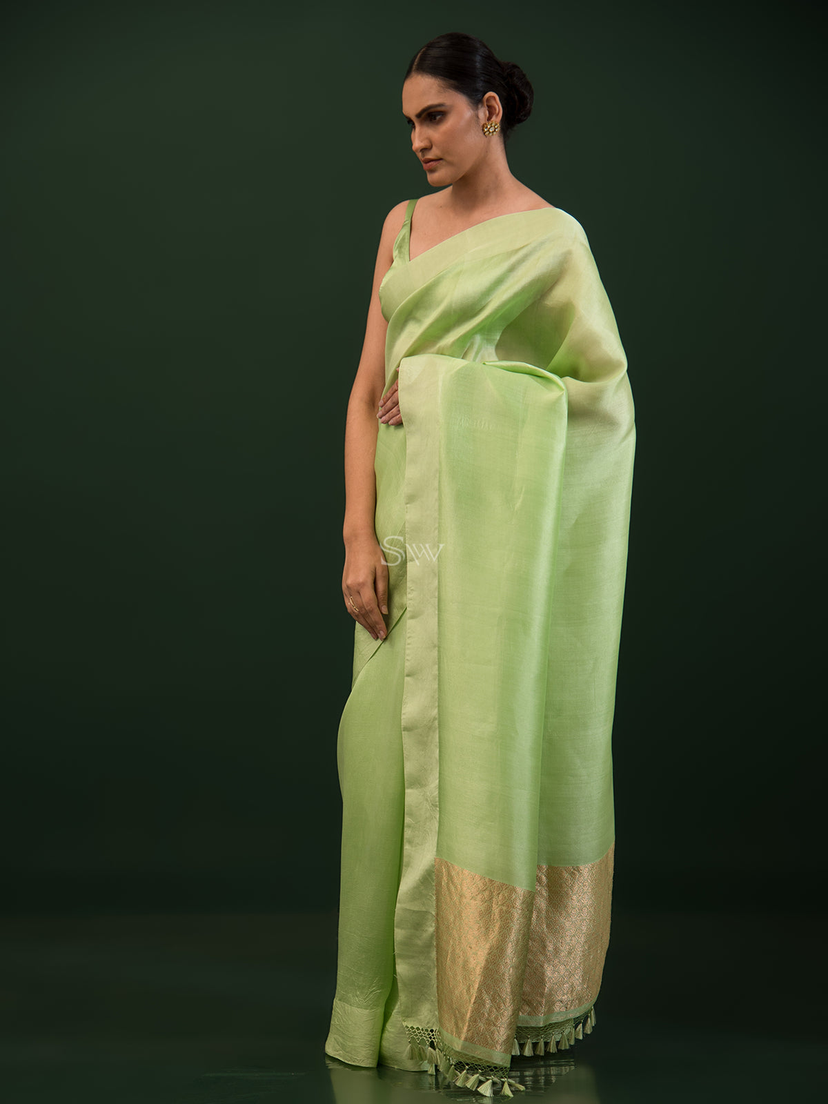 Pista Green Plain Silk Handloom Saree - Sacred Weaves