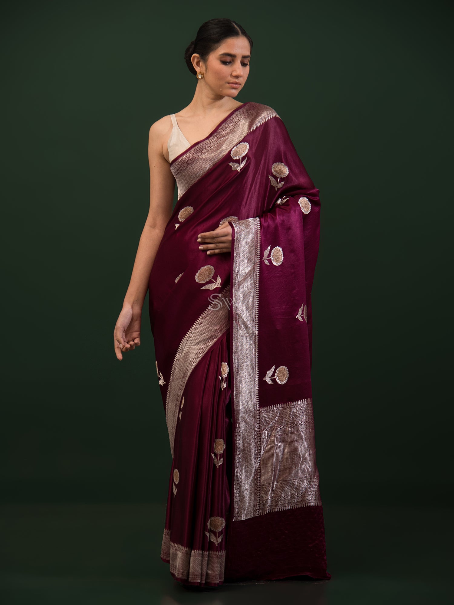 Wine Satin Silk Handloom Banarasi Saree - Sacred Weaves