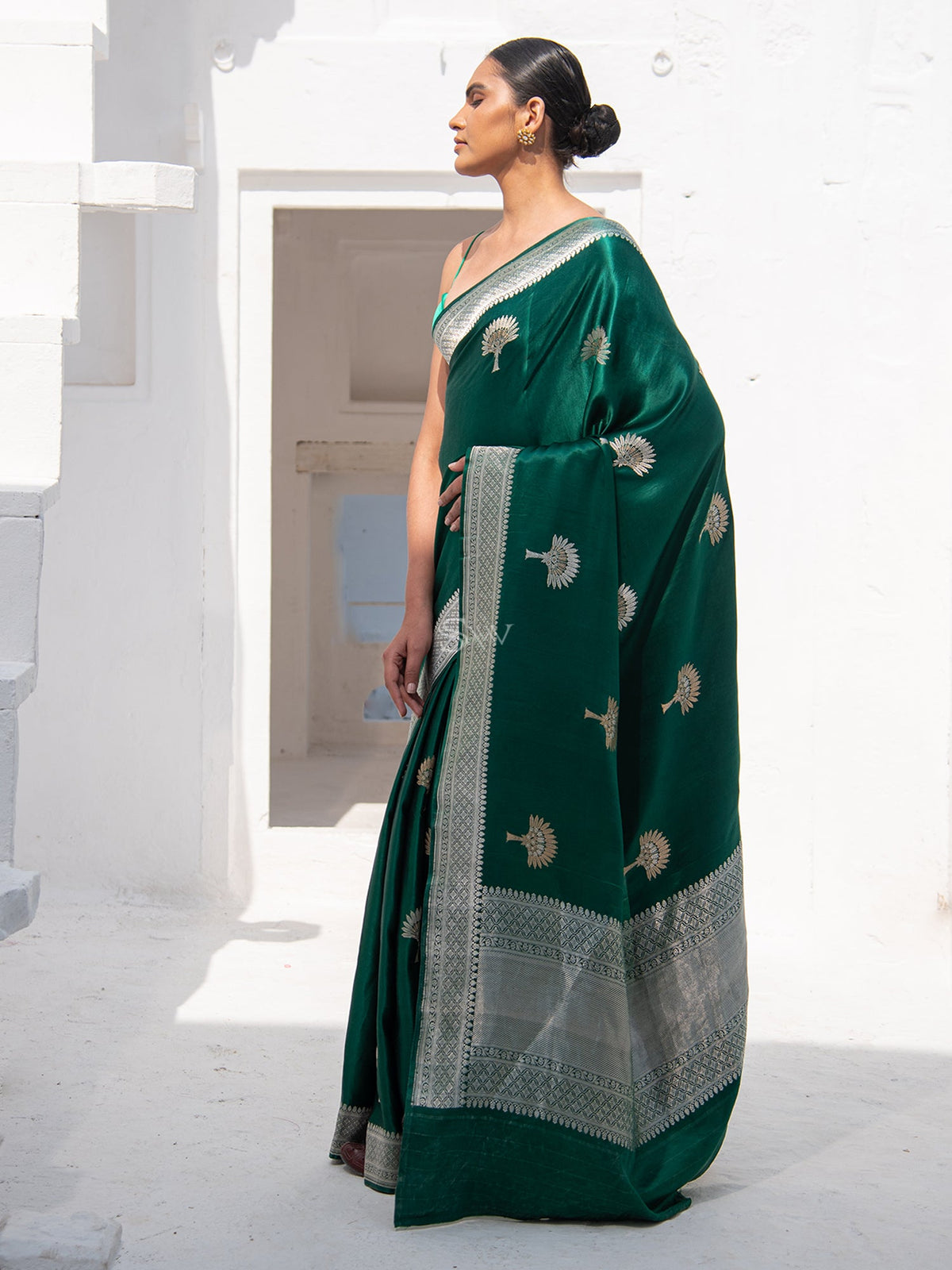 Bottle Green Satin Silk Handloom Banarasi Saree - Sacred Weaves