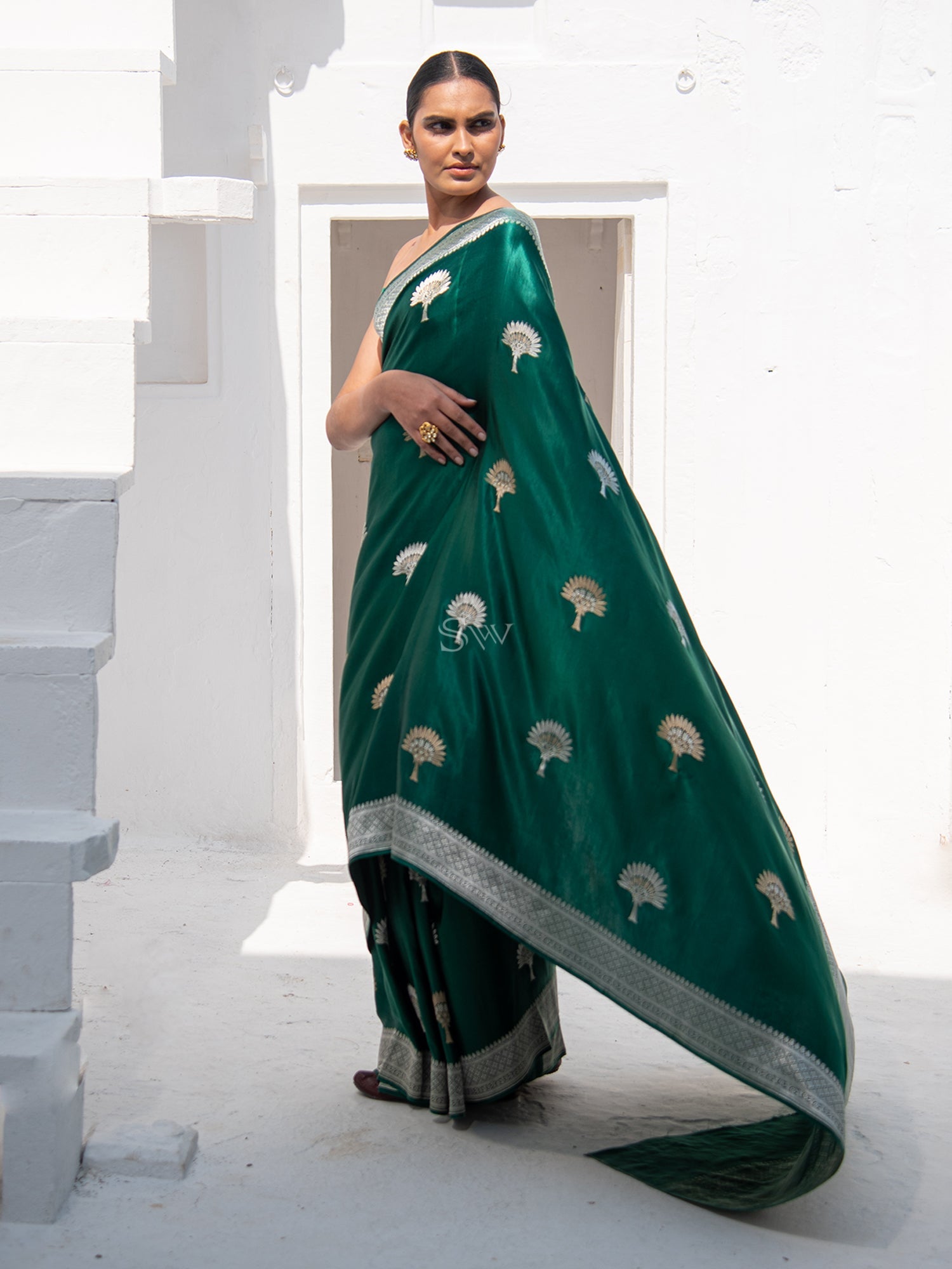Bottle Green Satin Silk Handloom Banarasi Saree - Sacred Weaves