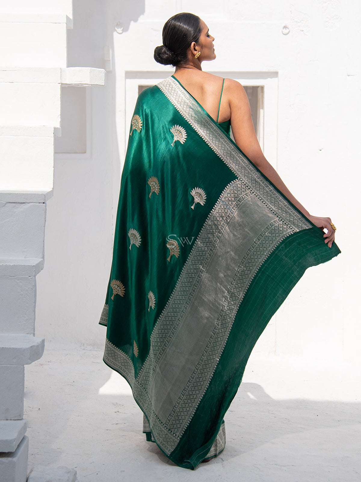 Bottle Green Satin Silk Handloom Banarasi Saree - Sacred Weaves