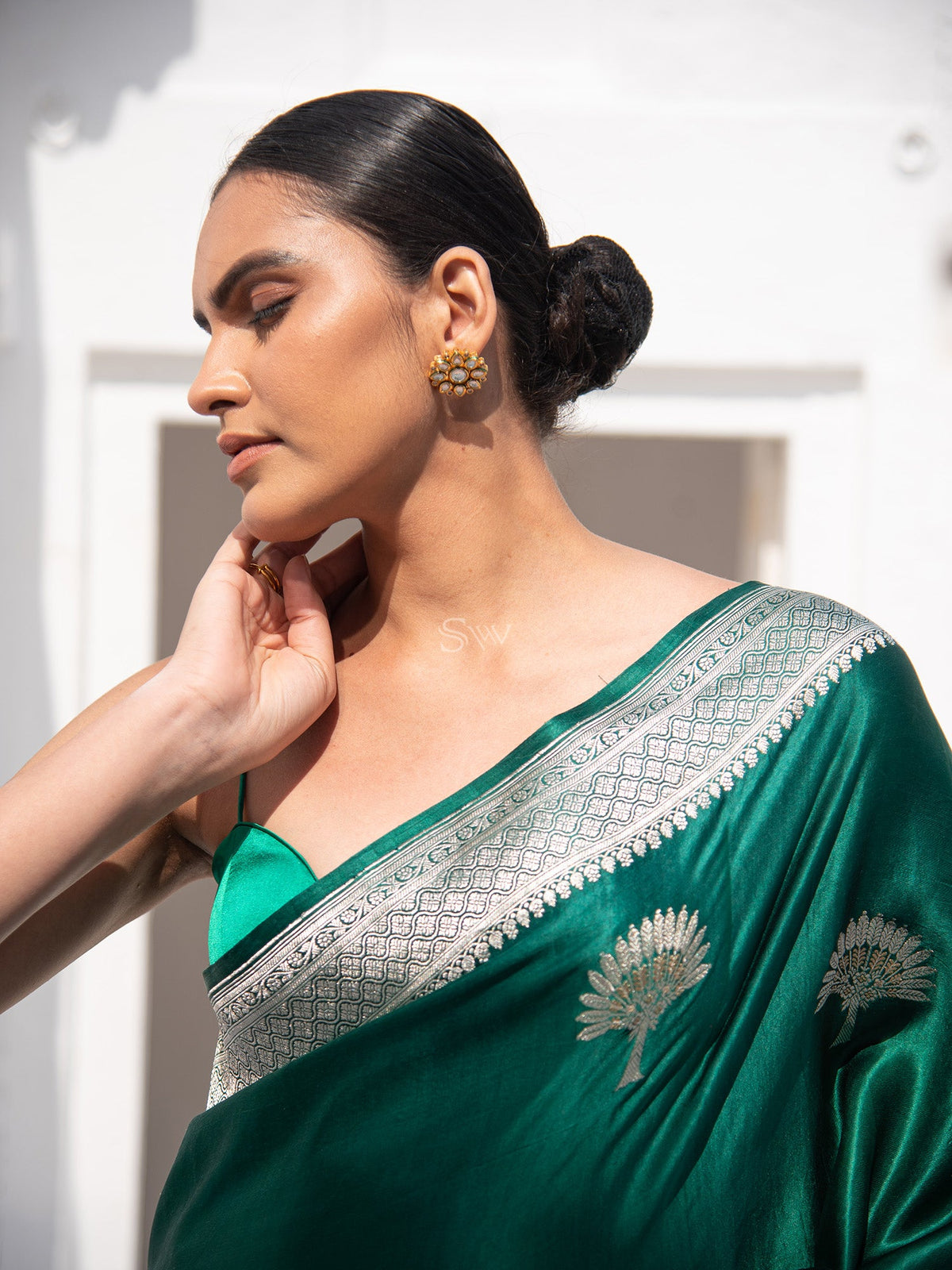 Bottle Green Satin Silk Handloom Banarasi Saree - Sacred Weaves