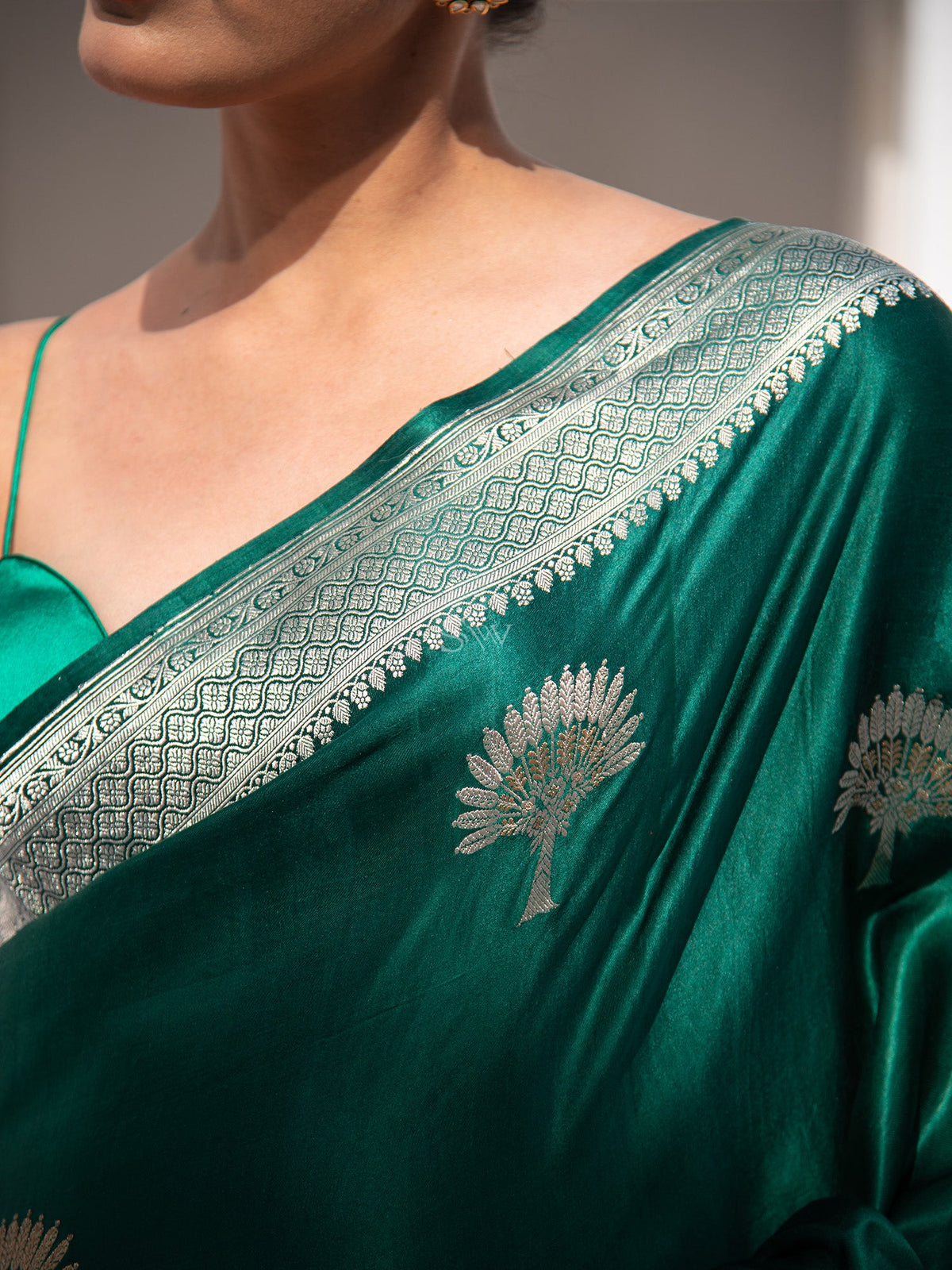 Bottle Green Satin Silk Handloom Banarasi Saree - Sacred Weaves
