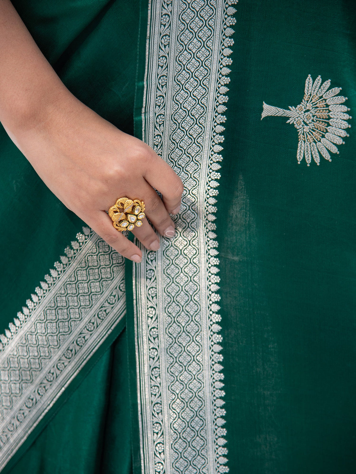 Bottle Green Satin Silk Handloom Banarasi Saree - Sacred Weaves