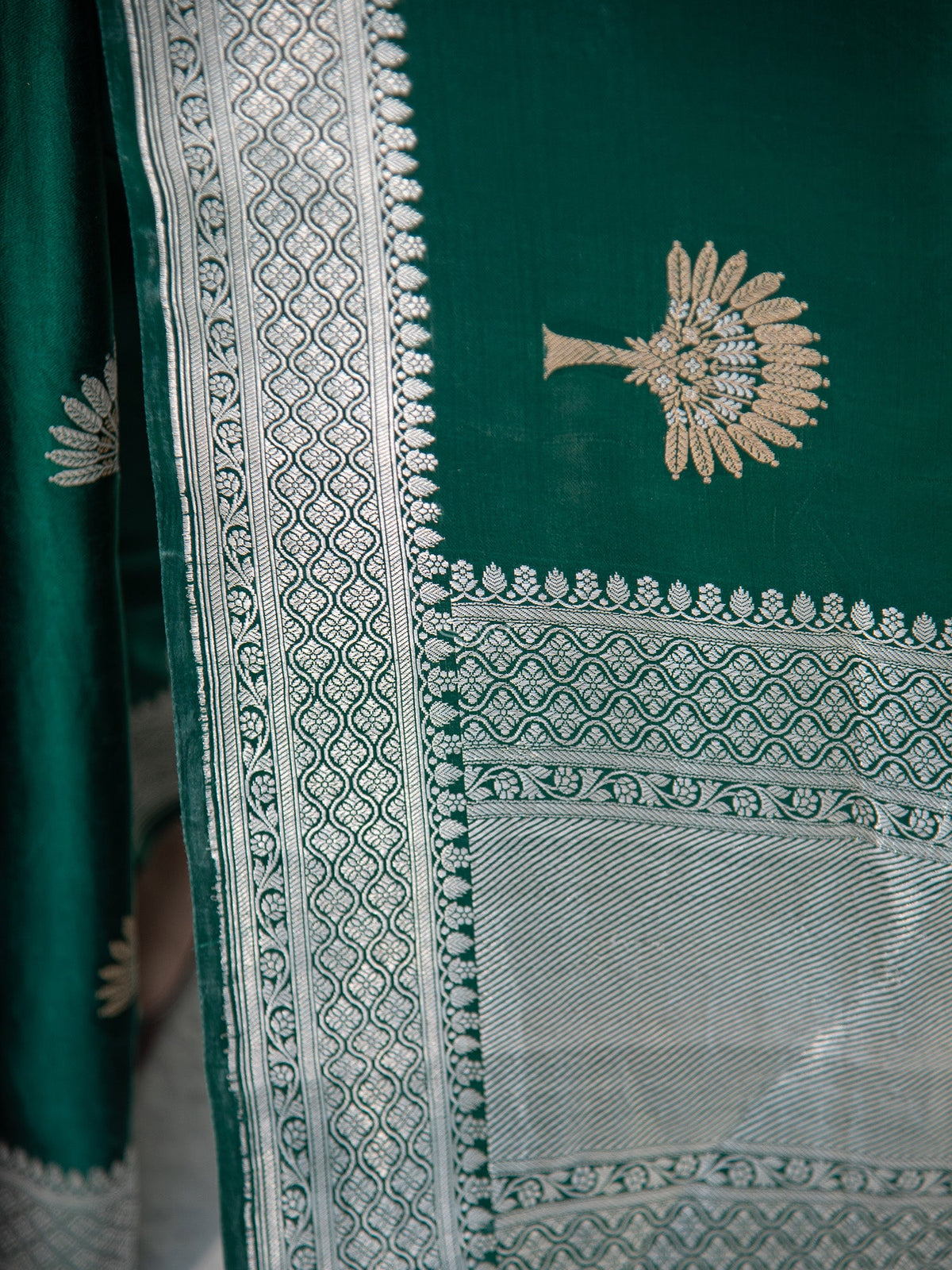 Bottle Green Satin Silk Handloom Banarasi Saree - Sacred Weaves