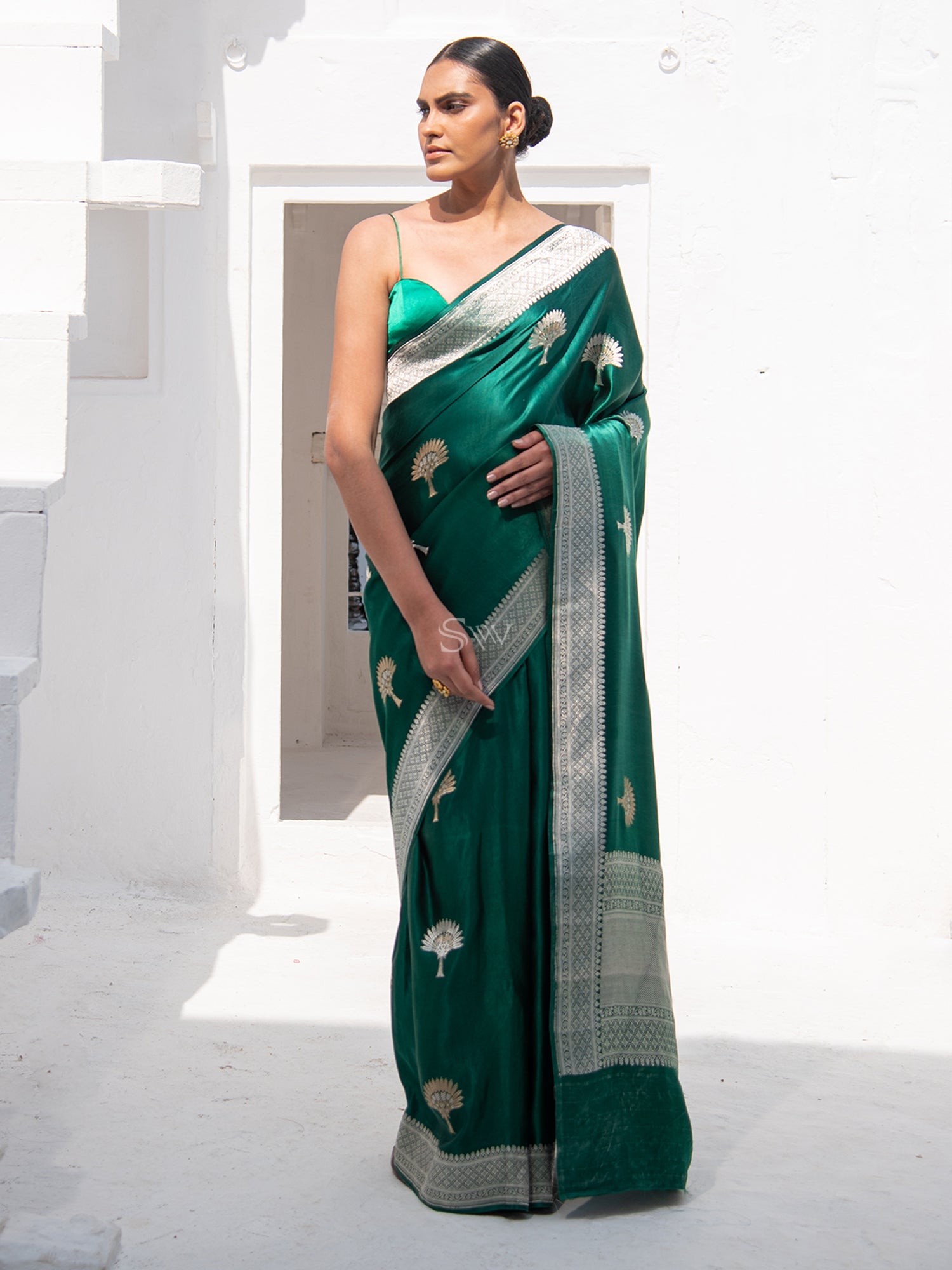 Bottle Green Satin Silk Handloom Banarasi Saree - Sacred Weaves