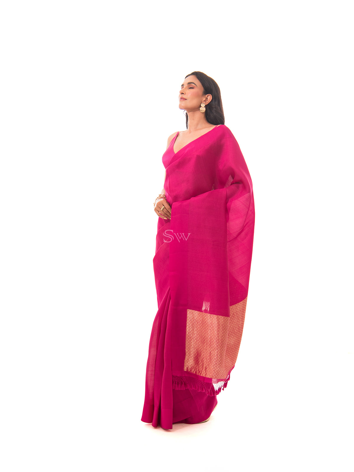 Dark Pink Plain Silk Handloom Saree - Sacred Weaves