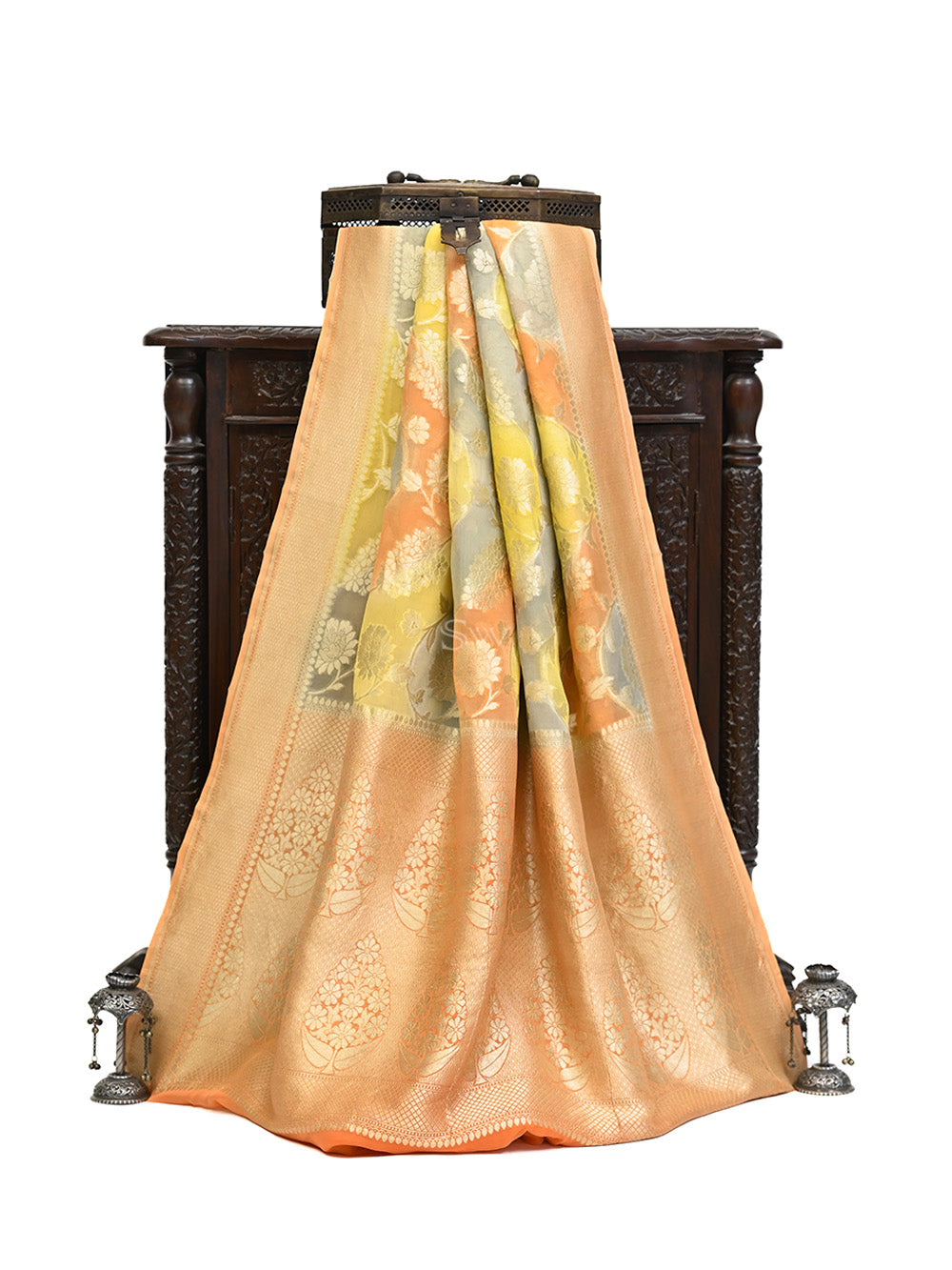 Peach Yellow Rangkat Khaddi Georgette Handloom Banarasi Saree - Sacred Weaves
