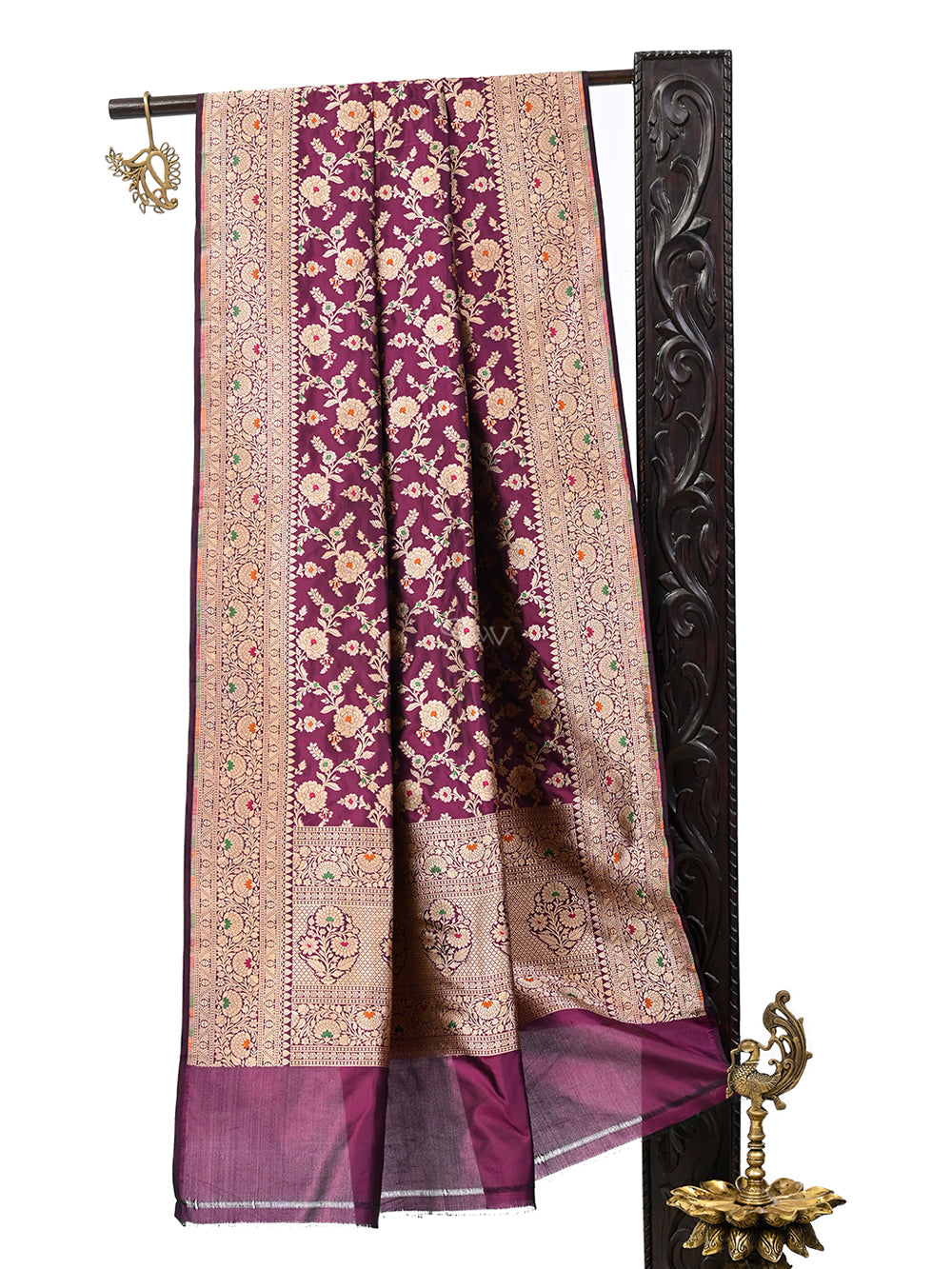 Wine Meenakari Jaal Katan Silk Handloom Banarasi Dupatta - Sacred Weaves