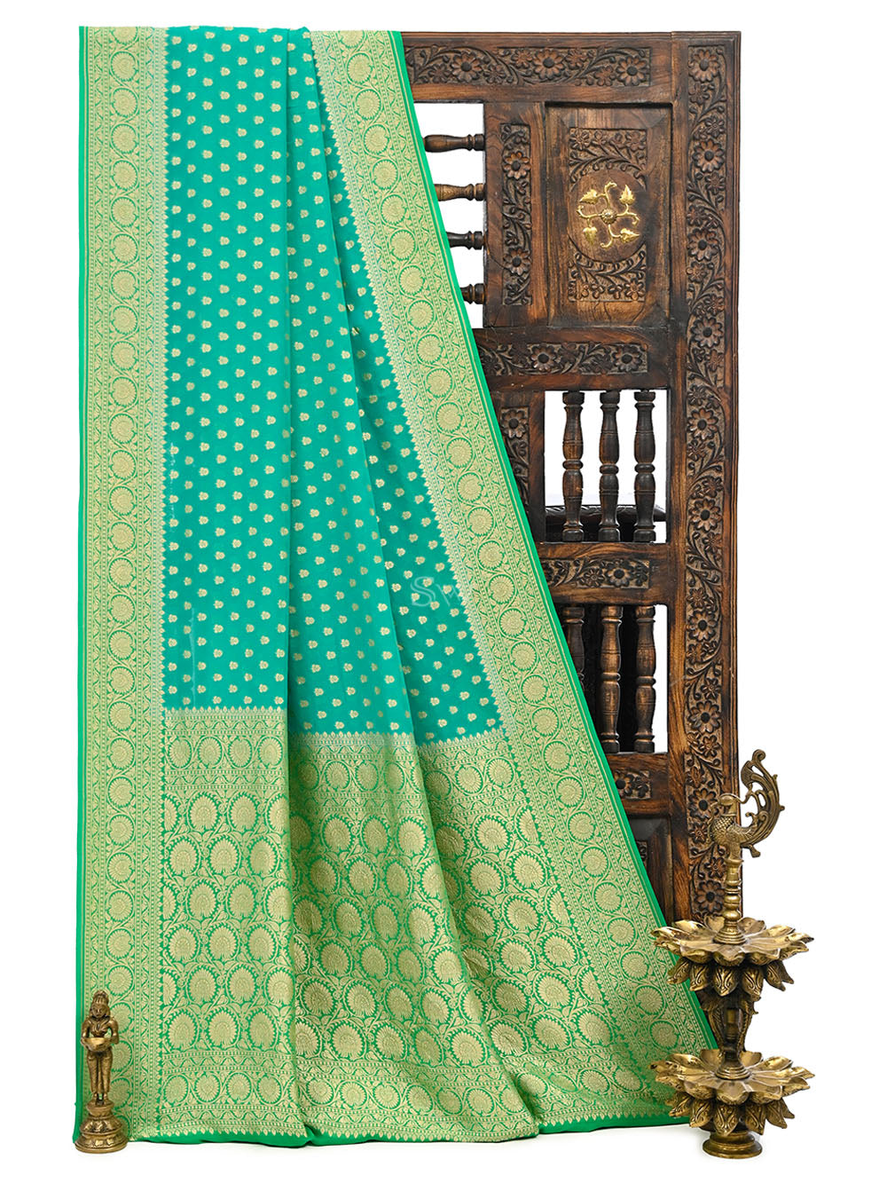 Sea Green Booti Khaddi Georgette Handloom Banarasi Saree - Sacred Weaves