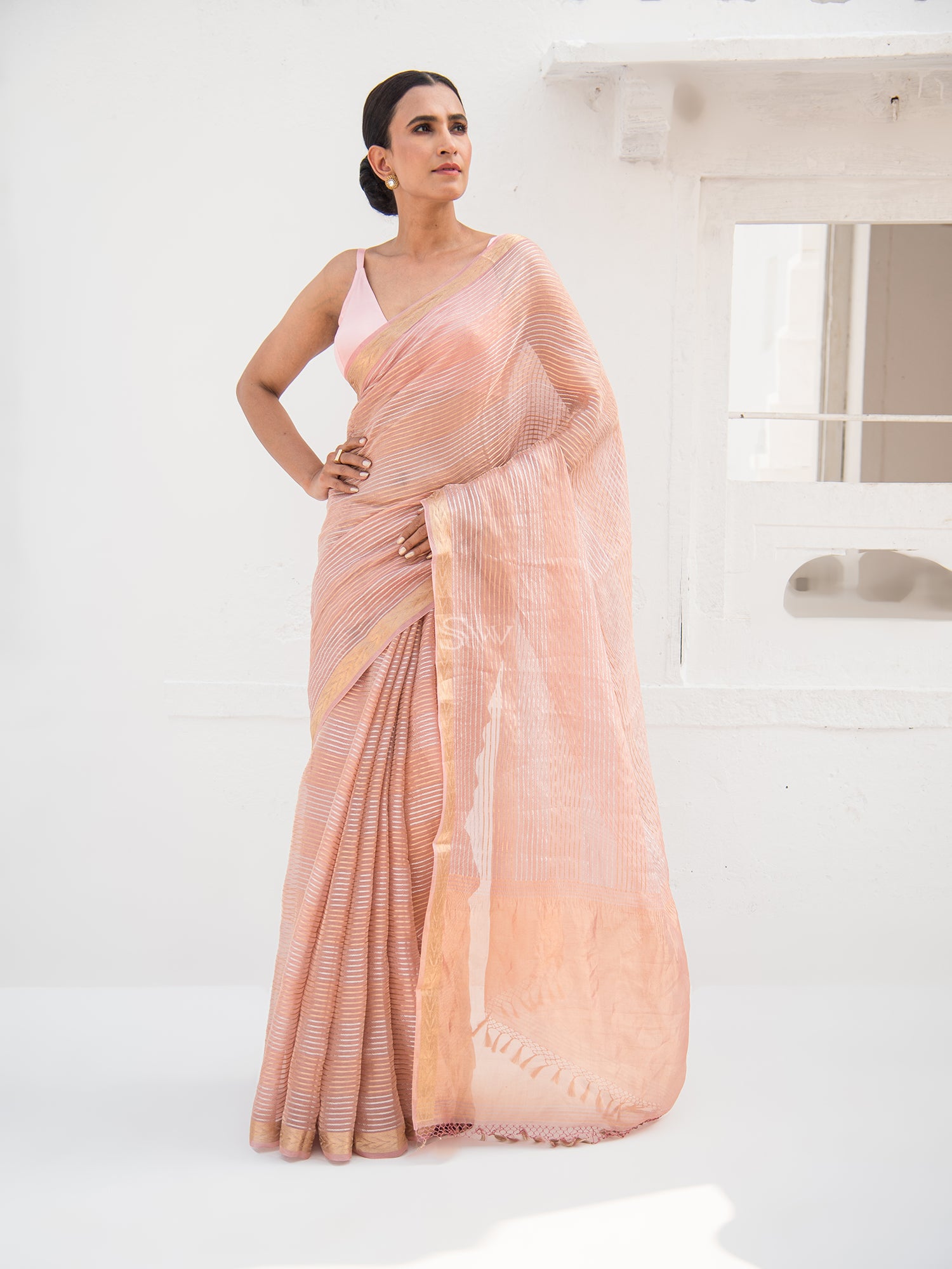 Pastel Pink Tissue Rangkat Handloom Banarasi Saree - Sacred Weaves