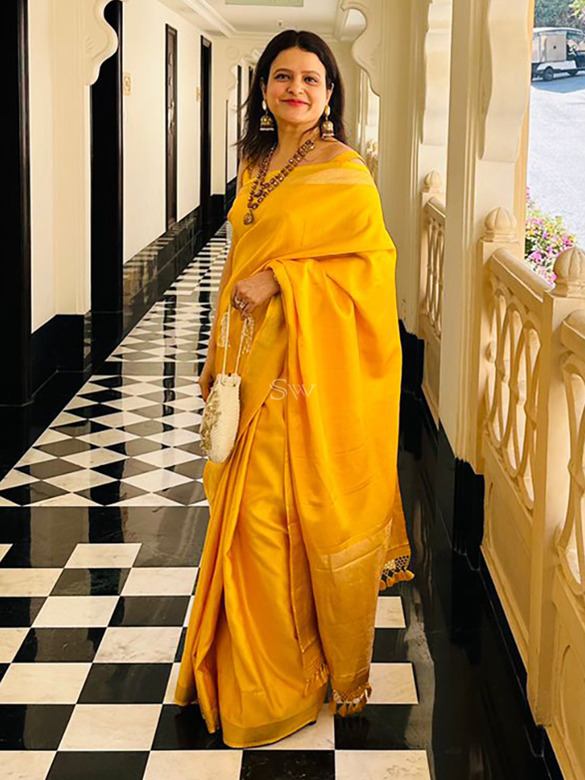 Yellow Plain Satin Silk Handloom Banarasi Saree - Sacred Weaves