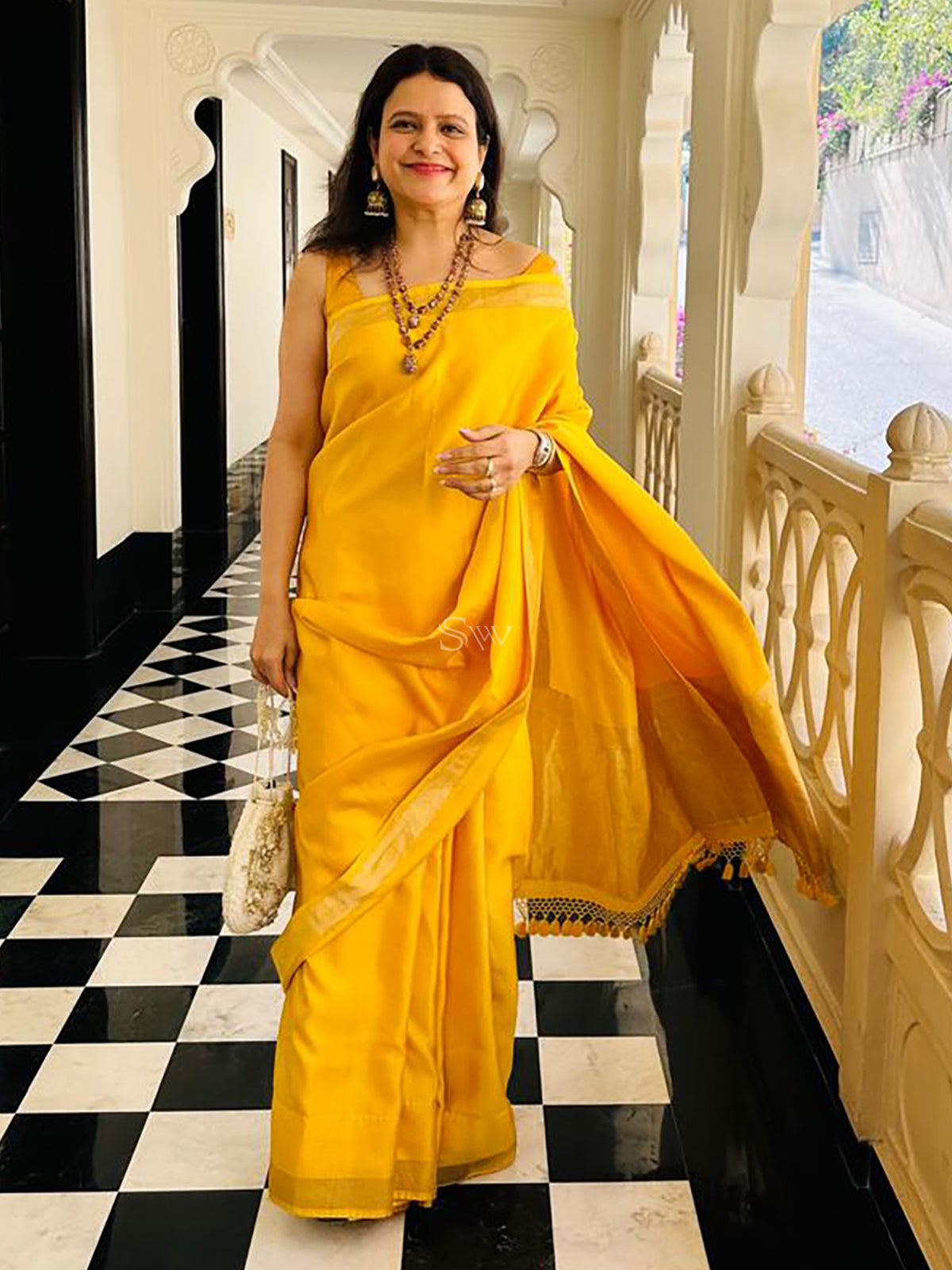 Yellow Plain Satin Silk Handloom Banarasi Saree