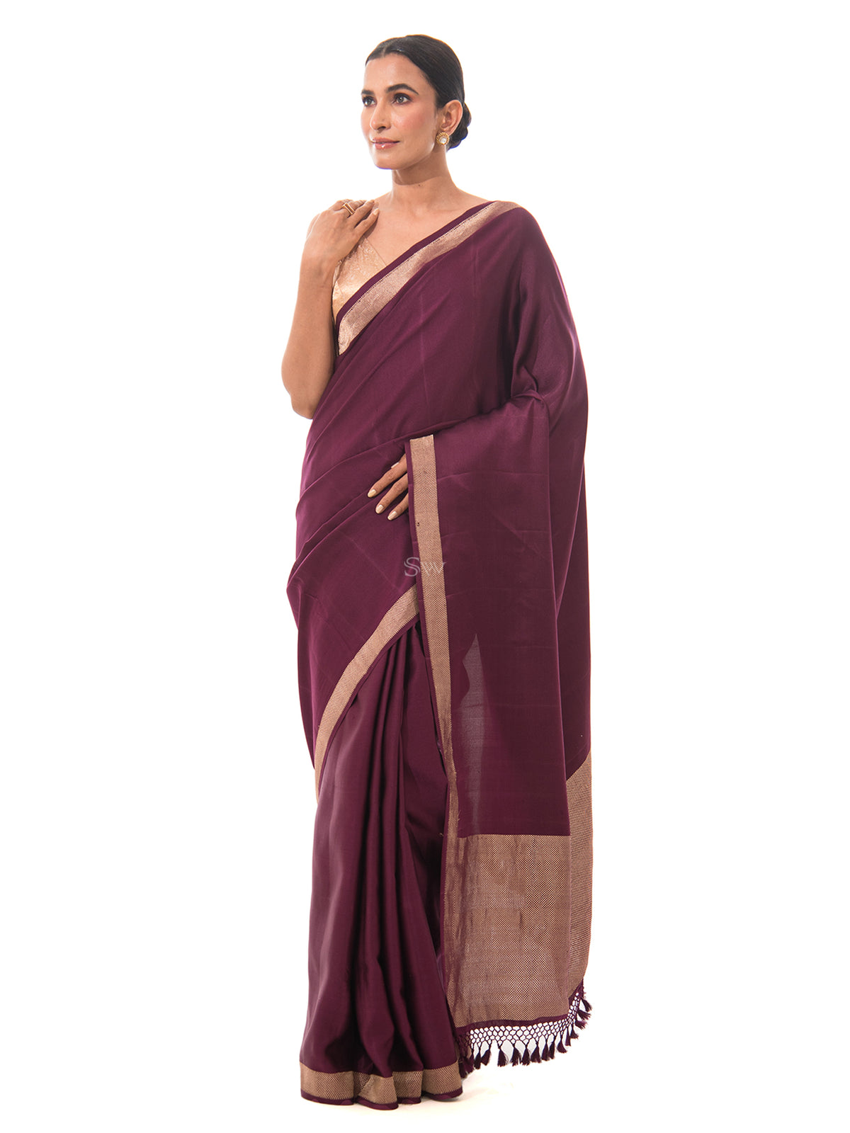 Wine Plain Satin Silk Handloom Banarasi Saree - Sacred Weaves