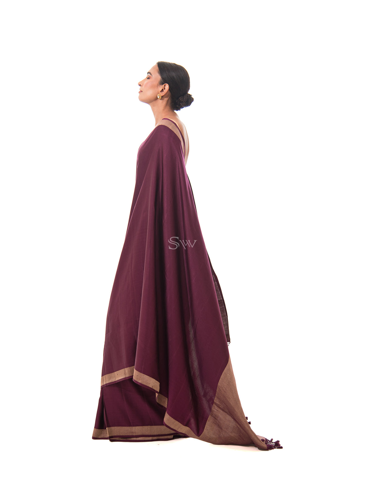 Wine Plain Satin Silk Handloom Banarasi Saree - Sacred Weaves