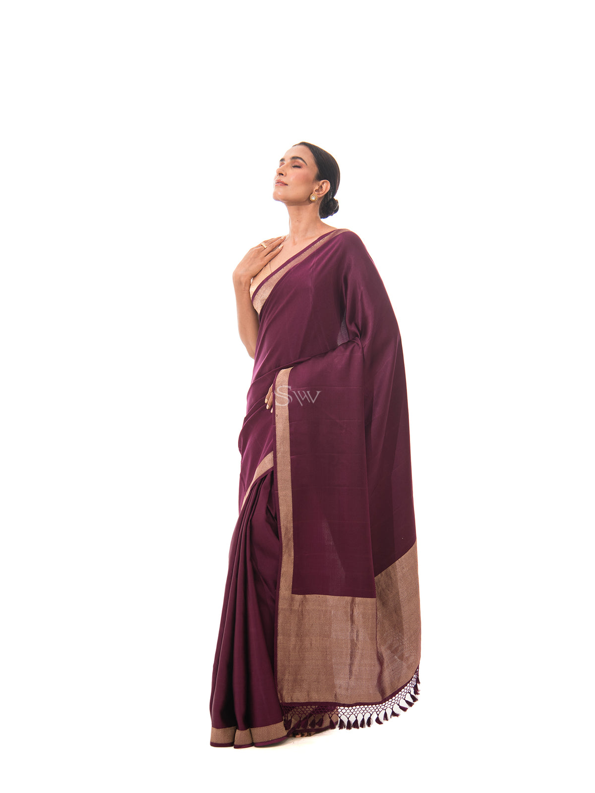 Wine Plain Satin Silk Handloom Banarasi Saree - Sacred Weaves