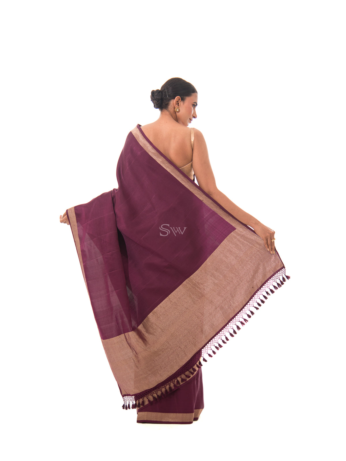 Wine Plain Satin Silk Handloom Banarasi Saree - Sacred Weaves