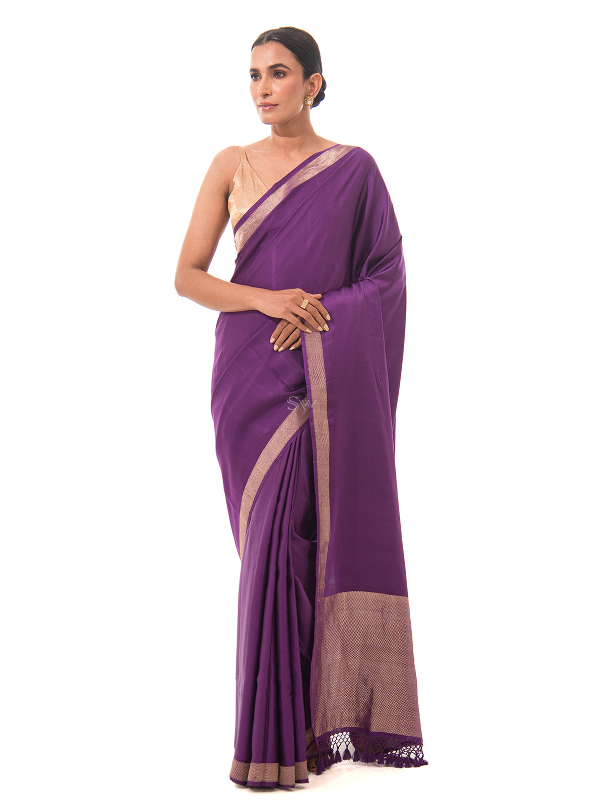 Purple Plain Satin Silk Handloom Banarasi Saree - Sacred Weaves